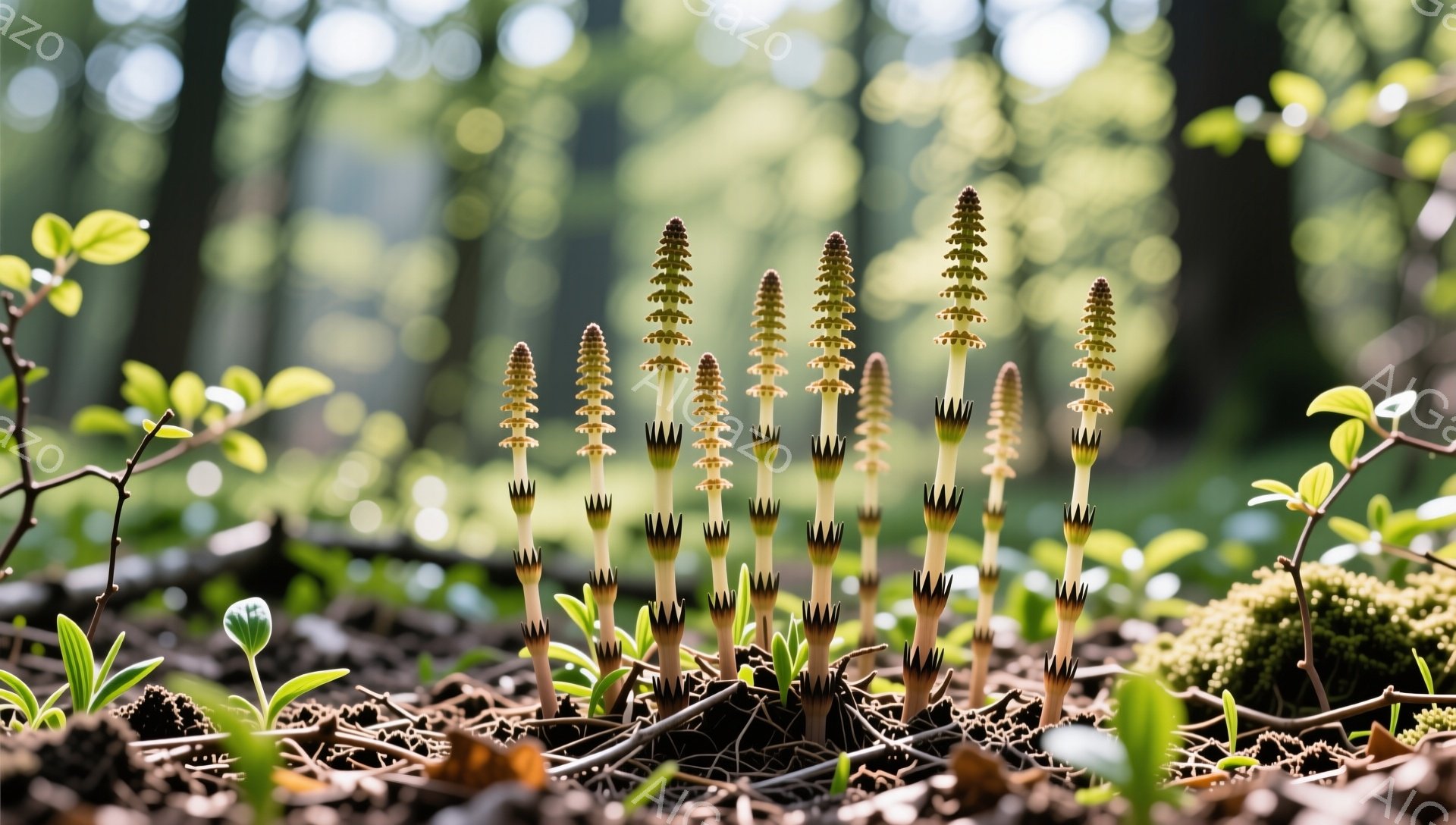 鮮やかな緑の苔と落ち葉の上に、独特の形状をした植物が群生している。植物は、細長い茎に、上部がまるで松ぼっくりのような構造を持つ。背景には柔らかい光が差し込み、春の森の静けさと生命力を感じさせる。 - AI生成フリー素材