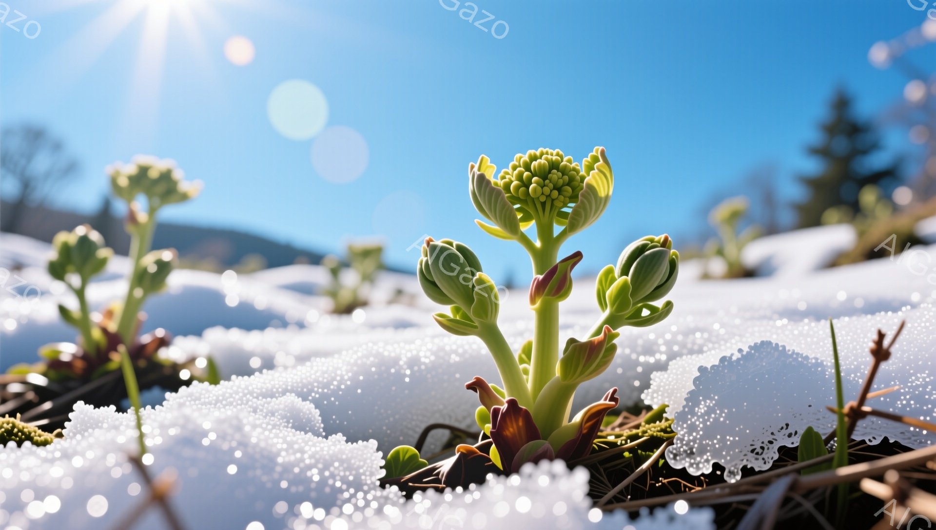 雪原に力強く咲く植物が印象的な写真です。朝日に照らされた雪の結晶がキラキラと輝き、春の訪れを予感させます。背景には緑の山々がぼんやりと見え、自然の美しさを際立たせています。