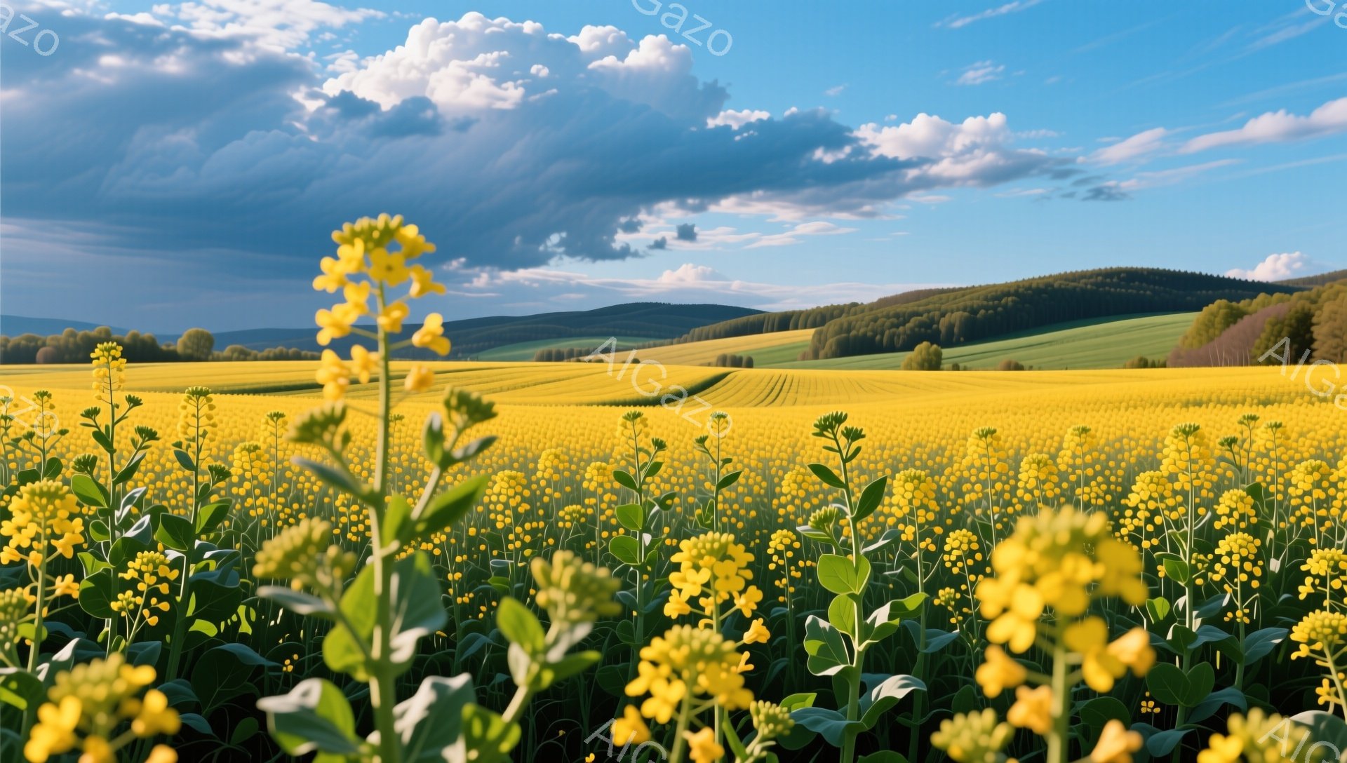 広大な菜の花畑が広がり、手前に鮮やかな黄色い花が密集している。背景には、緑の丘や畑が連なり、空には白い雲が浮かび、穏やかで暖かい雰囲気を醸し出している。夏の日の自然の美しさを捉えた風景写真である。