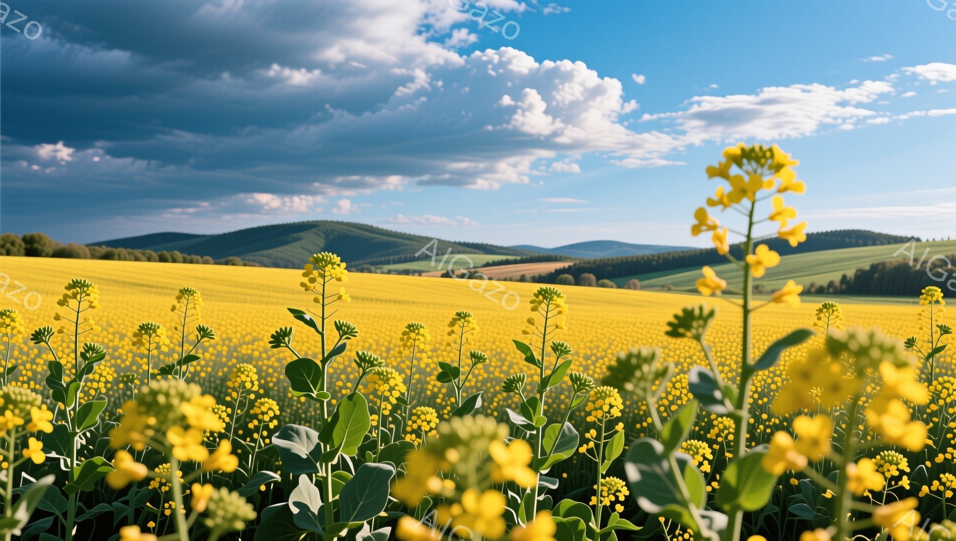 広大な菜の花畑が広がり、背景には穏やかな丘陵地帯が連なっている。空は青く、白い雲が浮かび、暖かい日差しが畑を照らしている。全体的に明るく穏やかな雰囲気で、春の訪れを感じさせる風景だ。