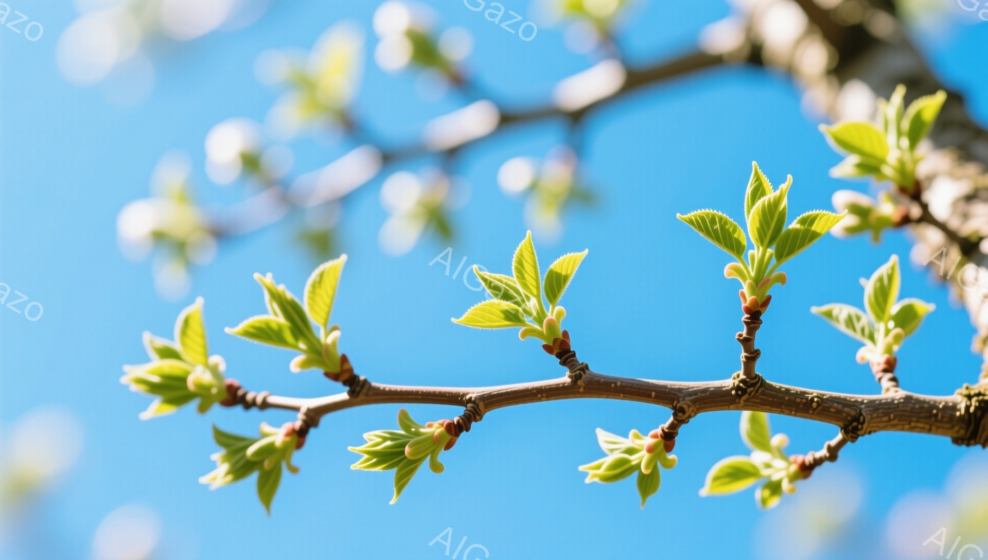 青空を背景に、新緑の芽が伸びる木の枝が写っている。緑色の葉は生き生きとしており、春の訪れを感じさせる。空は澄み切っており、明るい陽射しが新芽を照らしている。 - AI生成フリー素材