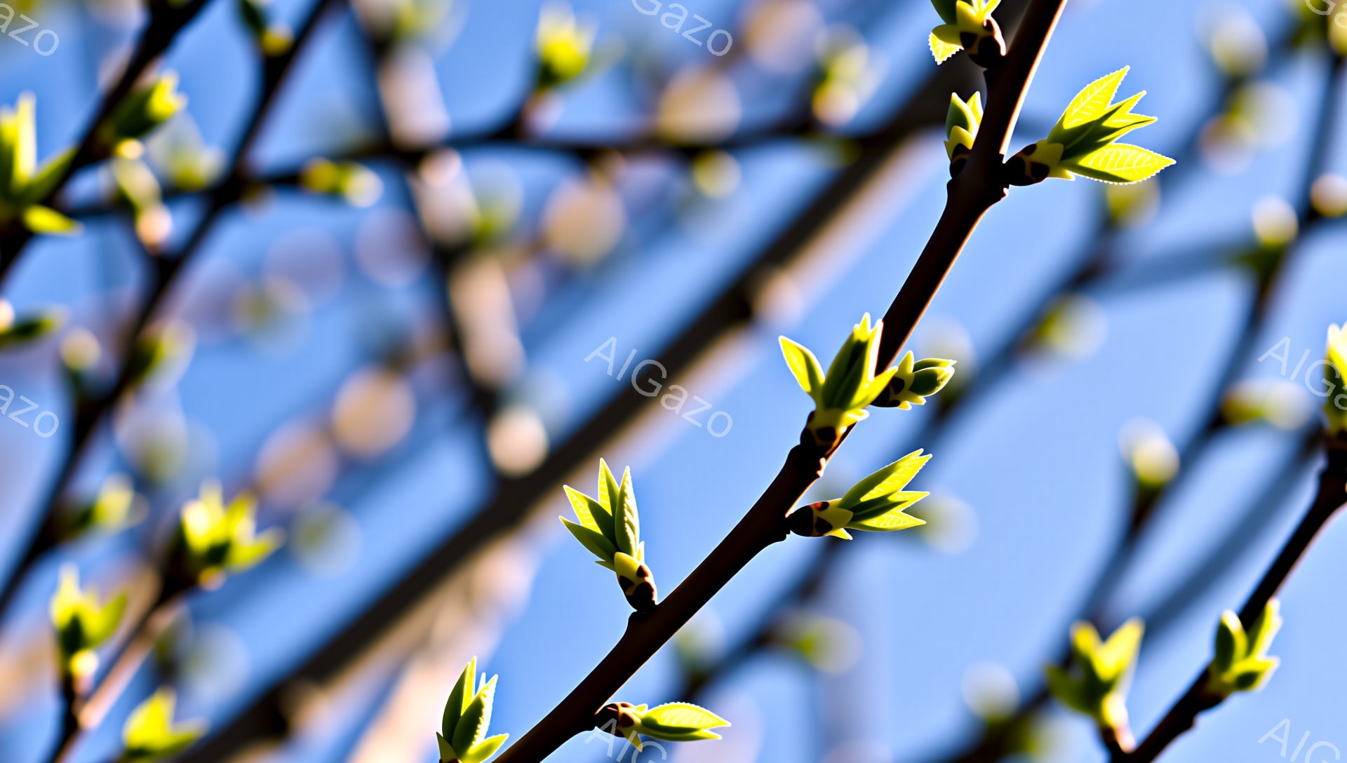 青空を背景に、新緑の芽が枝から勢いよく伸びている様子が捉えられています。まだ若い葉は鮮やかな緑色で、生命力に満ち溢れています。春の訪れを告げる、希望に満ちた一枚です。 - AI生成フリー素材