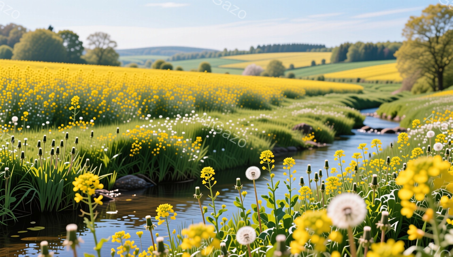 広大な野原に黄色い花が咲き乱れ、小さな川が穏やかに流れている。日差しが暖かく、緑豊かな背景と相まって、平和で穏やかな雰囲気を醸し出している。花と川が織りなす風景は、まるで絵画のようだ。 - AI生成フリー素材