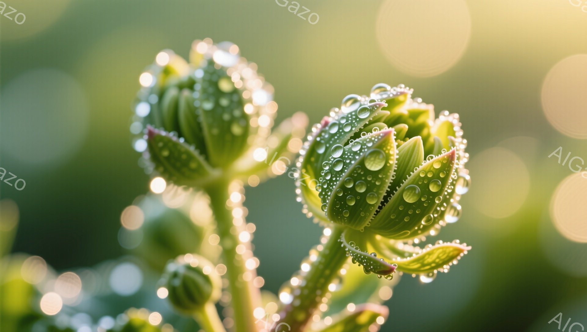 朝露に濡れた植物のつぼみが、太陽の光に照らされて輝いている。背景は緑色でぼやけており、水滴が宝石のようにキラキラと光を反射している。清らかで穏やかな雰囲気を感じさせる美しい自然の瞬間だ。 - AI生成フリー素材