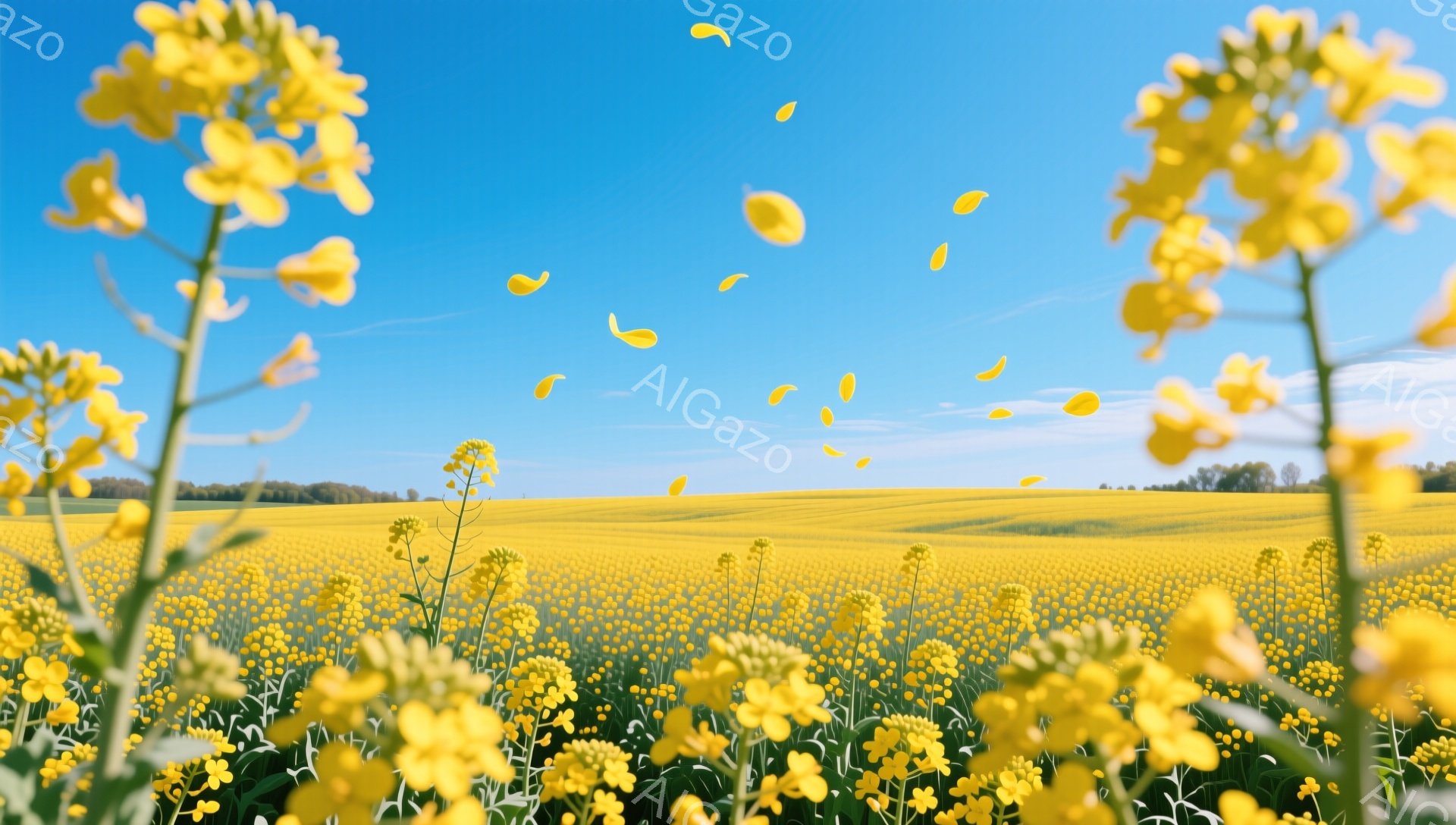 広大な菜の花畑が広がり、黄色い花が咲き乱れている。空は澄んだ青色で、花びらが風に舞い散っている様子が穏やかな雰囲気を醸し出している。遠くには緑の丘が見え、自然豊かな風景が広がっている。 - AI生成フリー素材