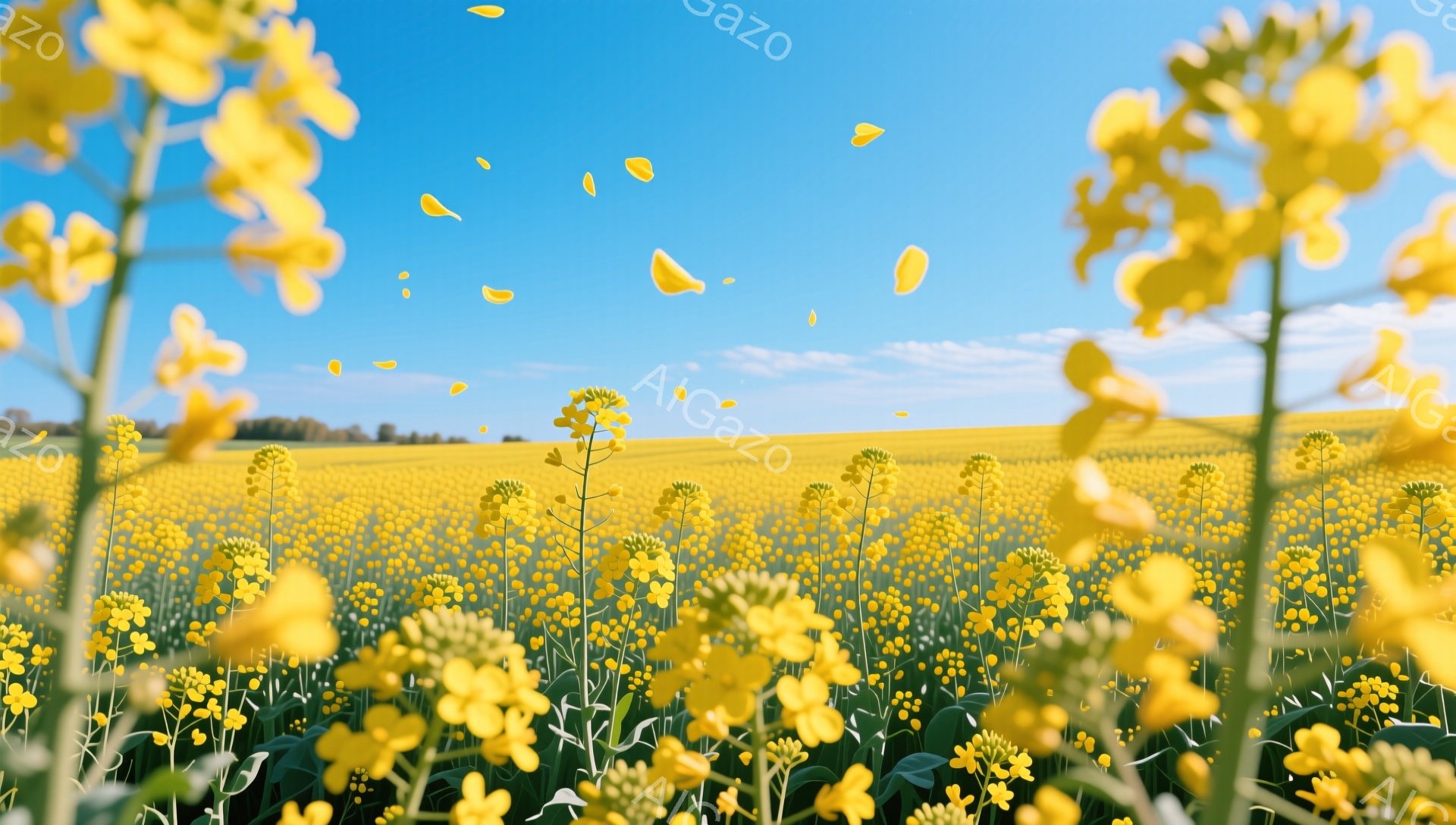 広大な菜の花畑が広がっており、黄色い花が咲き乱れている。空は澄んだ青色で、遠くには緑の丘が見える。太陽の光が差し込み、明るく暖かい雰囲気が感じられる。 - AI生成フリー素材