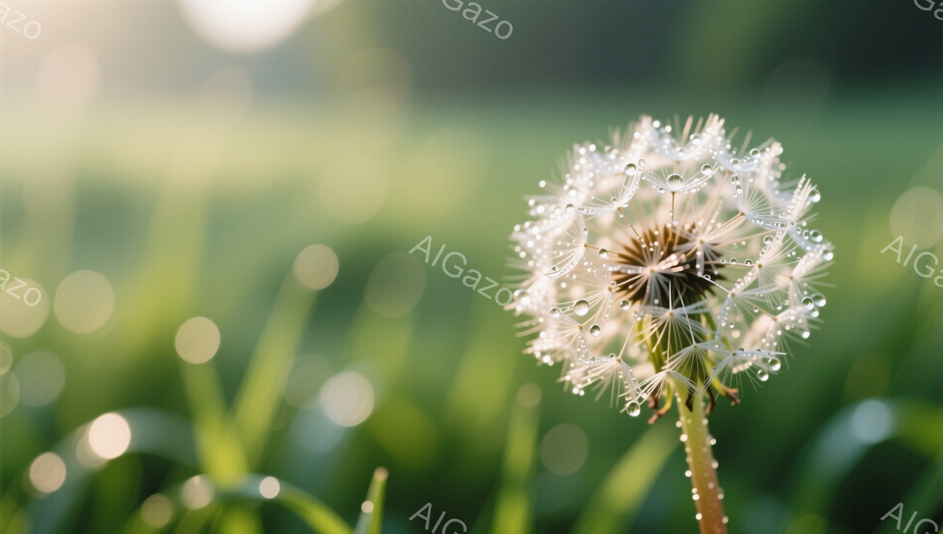 露に濡れたタンポポが鮮やかに映えています。背景は緑豊かな草むらで、光の粒子が幻想的な雰囲気を醸し出しています。朝露にきらめく繊細な美しさが際立っています。 - AI生成フリー素材