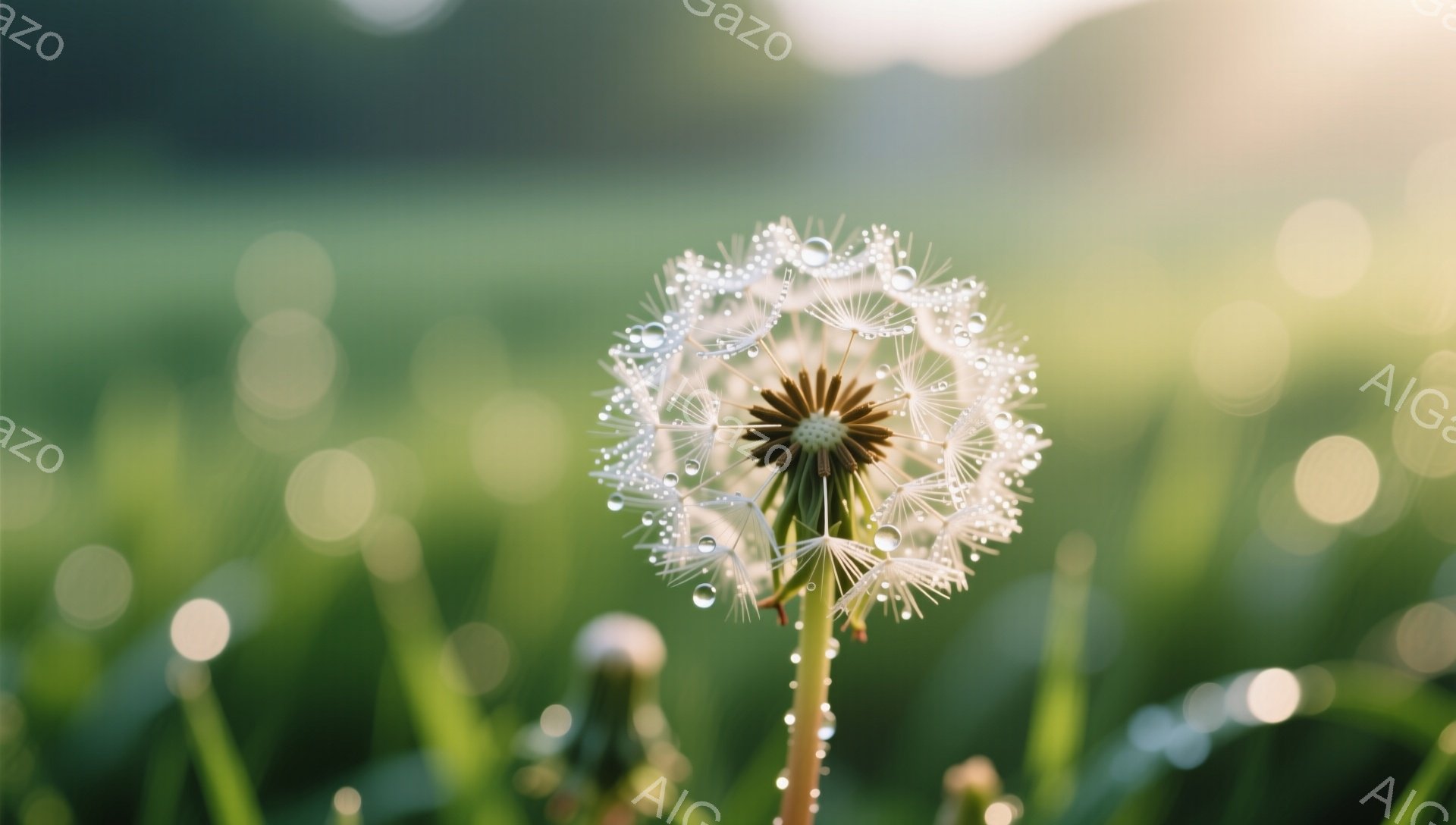 露に濡れたタンポポが、緑の草むらの中で鮮やかに輝いている。太陽の光が背景をぼかし、幻想的な雰囲気を醸し出している。繊細な種子が風に舞い散りそうな、生命力に満ちた美しい瞬間を捉えている。 - AI生成フリー素材