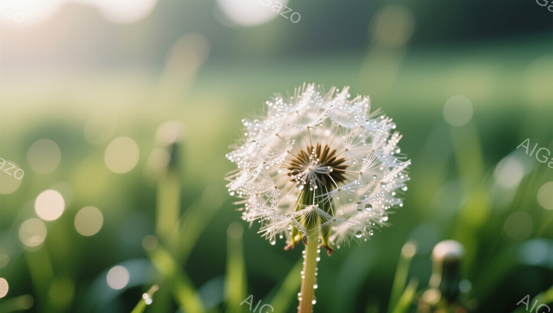 鮮やかな緑の草の中に、綿毛になったタンポポが咲いています。朝露のような水滴が綿毛に付いており、光を受けてキラキラと輝いています。背景はぼかされており、柔らかな光が全体を包み込んでいます。 - AI生成フリー素材
