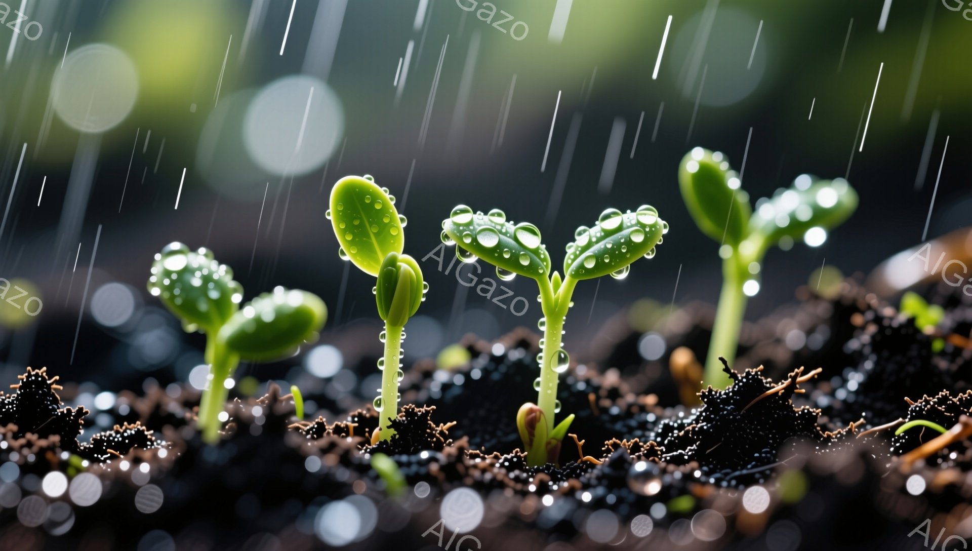 湿った土の中から新芽が顔を出し、雨に打たれています。水滴が葉に光り、生命の息吹を感じさせる光景です。背景にはぼやけた光が散りばめられ、幻想的な雰囲気を醸し出しています。 - AI生成フリー素材
