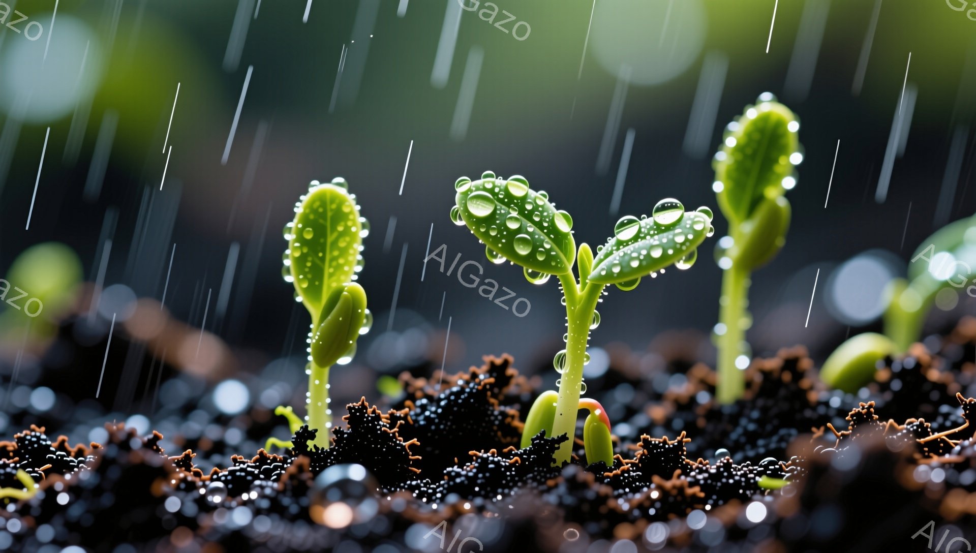雨の中で芽が出ている様子が写っています。土から顔を出し、雨粒をまとった若い芽は生命力に満ち溢れています。背景は暗く、雨粒が光を反射して幻想的な雰囲気を作り出しています。