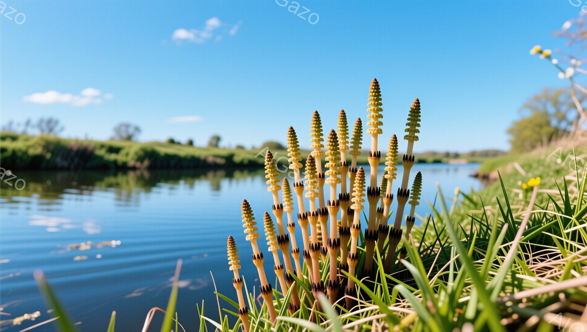 明るい日差しの中で、水辺の湿地に生えるミズゴケの仲間が力強く伸びています。緑の草むらと青い水面のコントラストが美しく、穏やかな雰囲気が感じられます。水面に映る景色もまた、自然の美しさを際立たせています - AI生成フリー素材