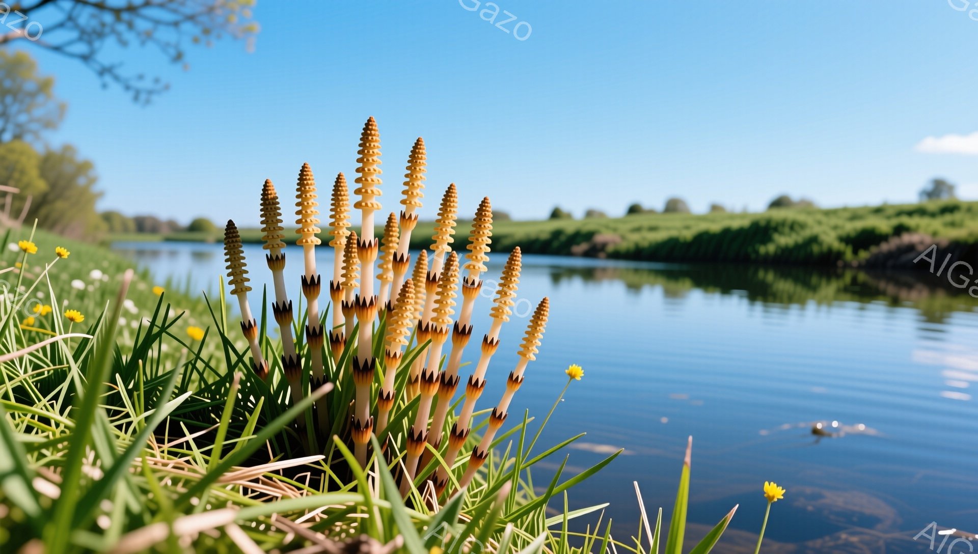明るい日差しの中、湿地帯の植物が鮮やかに咲き誇っている。水面は穏やかに輝き、背景の緑豊かな風景と調和している。自然の美しさが感じられる、静かで平和な光景だ。 - AI生成フリー素材