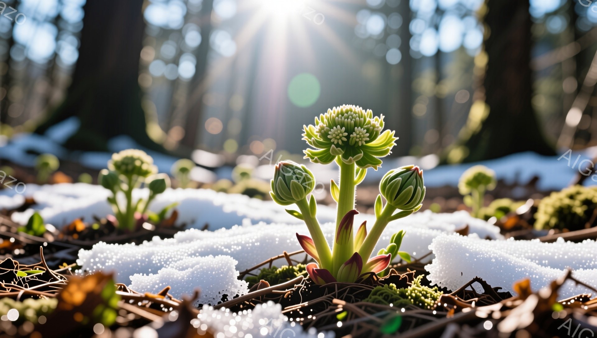 雪の中から力強く芽を出した植物が印象的な光景です。朝日が差し込み、光の粒がキラキラと輝き、冬の厳しい環境の中にある生命の息吹を感じさせます。植物の緑と雪の白のコントラストが美しく、希望に満ちた雰囲気で - AI生成フリー素材
