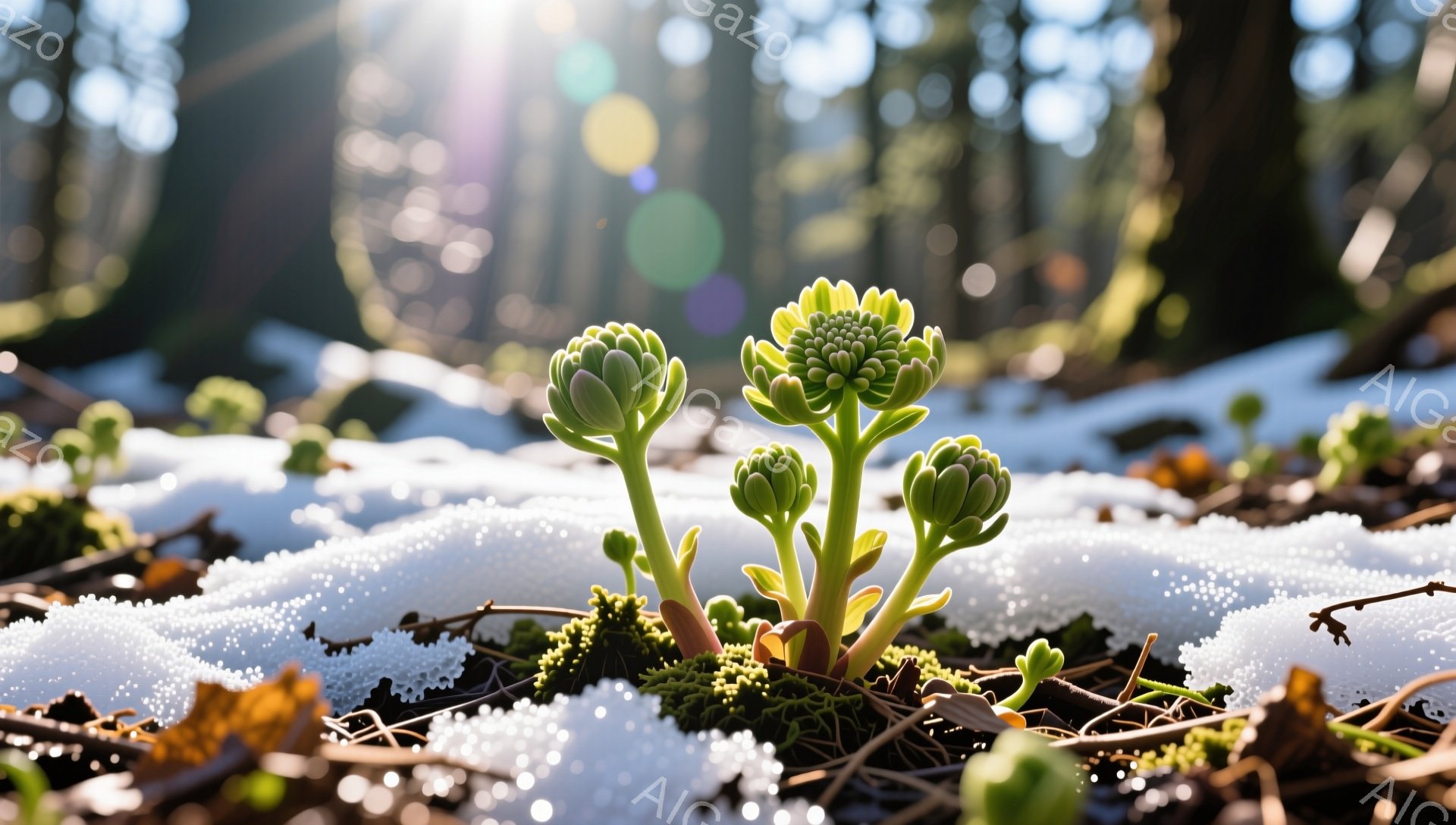 雪の上に小さな緑の芽が数本生えている。枯れ葉や苔に囲まれ、日の光が差し込んでキラキラと輝いている。冬の厳しい寒さの中、力強く芽吹く生命力を感じさせる光景だ。