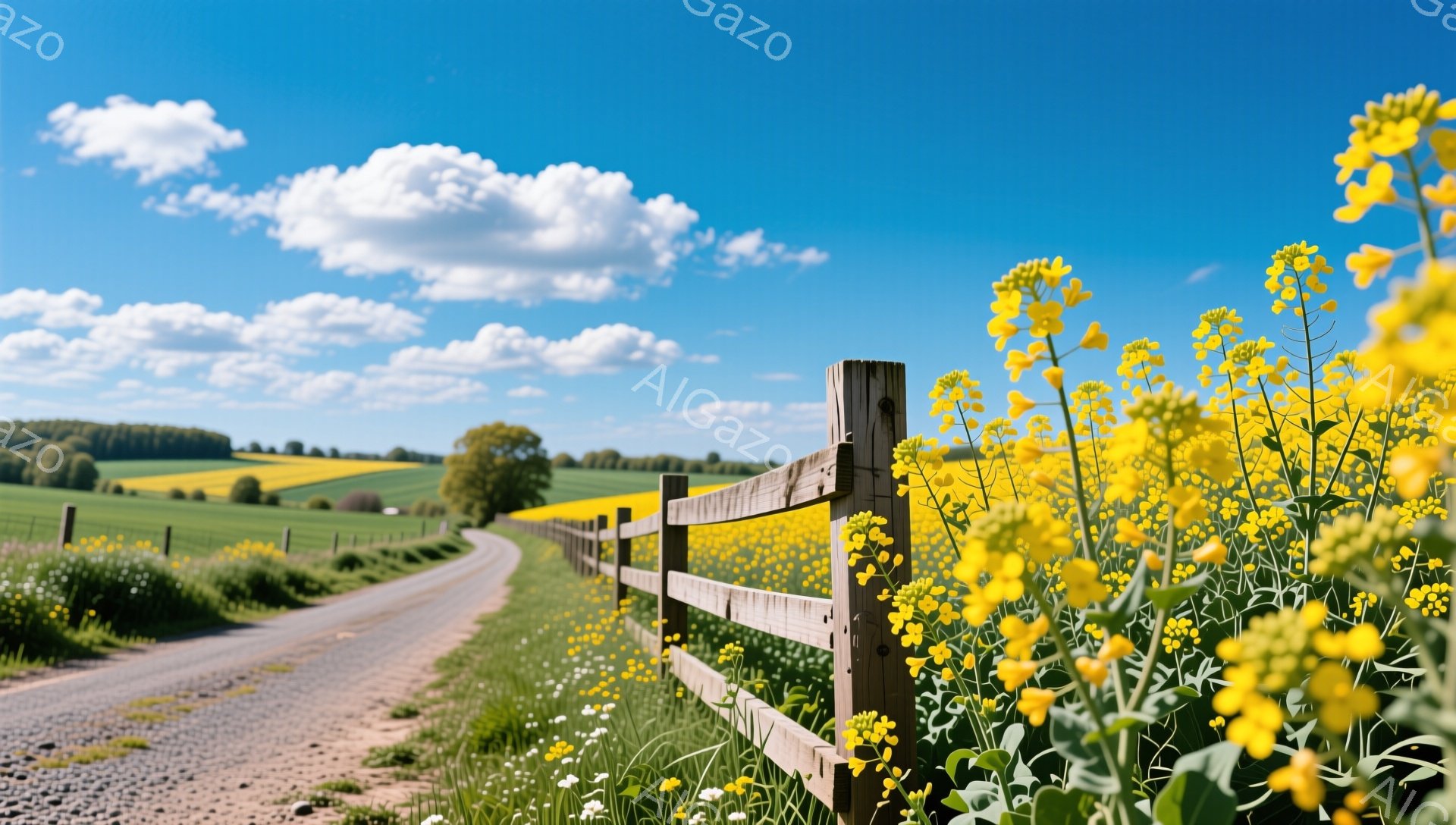 青々とした緑の丘陵と青空が広がる田園風景。木製の柵に沿って黄色い菜の花が咲き乱れ、白い小さな花々が足元を彩っている。曲がりくねった土の道が遠くの地平線へと続いており、穏やかで平和な雰囲気が感じられる。 - AI生成フリー素材
