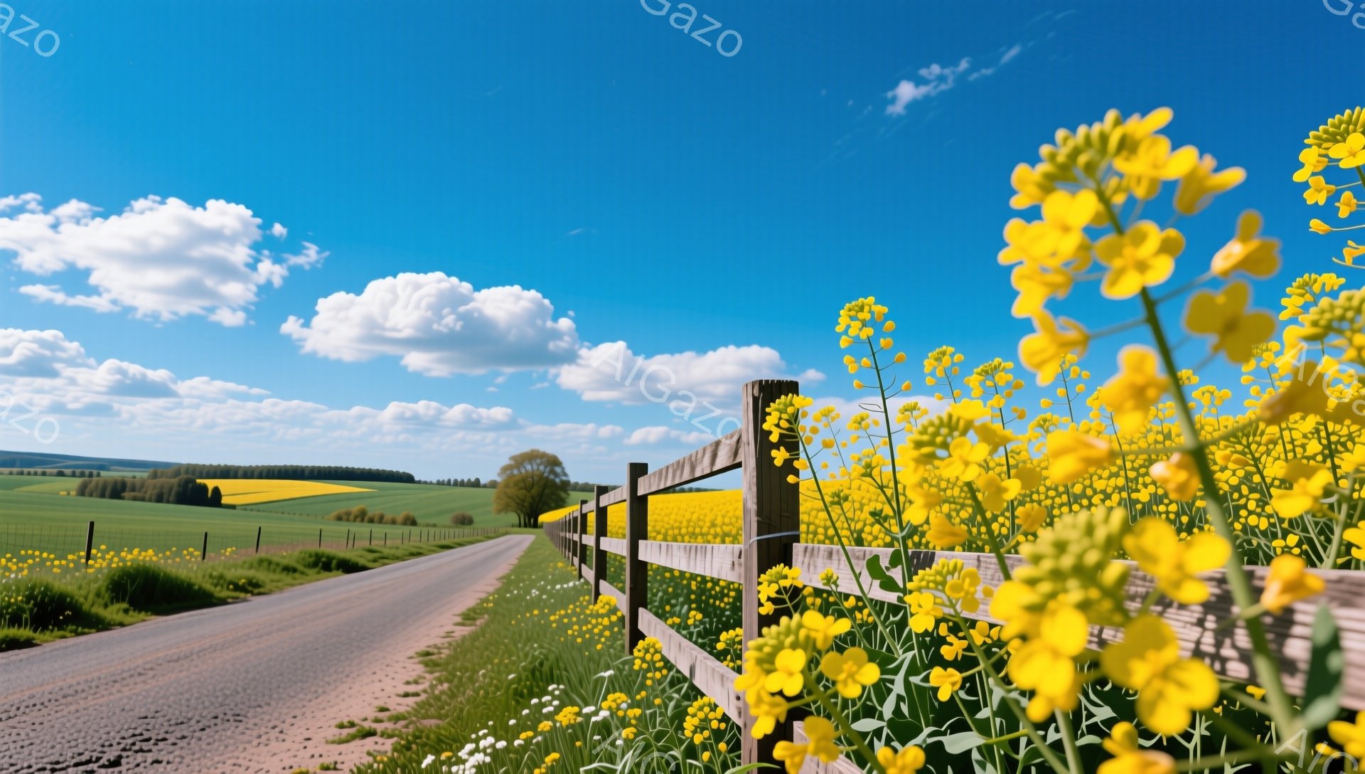 牧歌的な風景が広がり、黄色い花が咲き乱れる道が続いている。木製の柵が道の脇にあり、遠くには緑の丘と青い空が広がっている。晴れた日の穏やかな雰囲気が感じられる。 - AI生成フリー素材