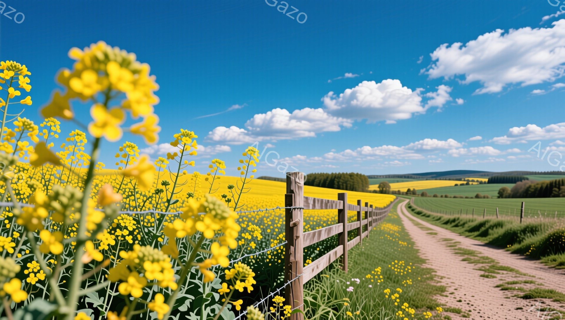 青々とした菜の花畑が広がり、木製の柵が敷かれた道が奥へと続いています。空は鮮やかな青色で、白い雲が浮かび、明るく穏やかな春の日の雰囲気が感じられます。遠くには緑の丘や畑が広がり、自然豊かな風景が広がっ - AI生成フリー素材
