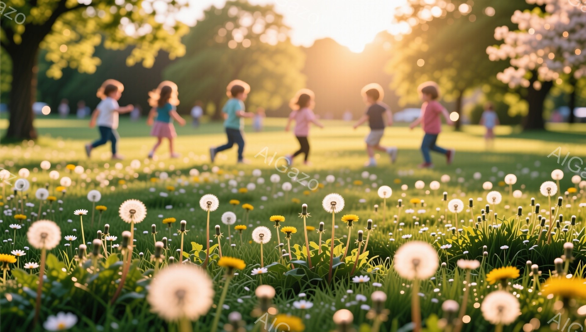 澄み切った青空の下、タンポポが咲き乱れる草原を、子供たちが楽しそうに駆け抜けている。夕日の光が柔らかく彼らを照らし、まるで絵画のような暖かく幸せな雰囲気を醸し出している。子供たちは様々な色の服を着てお - AI生成フリー素材