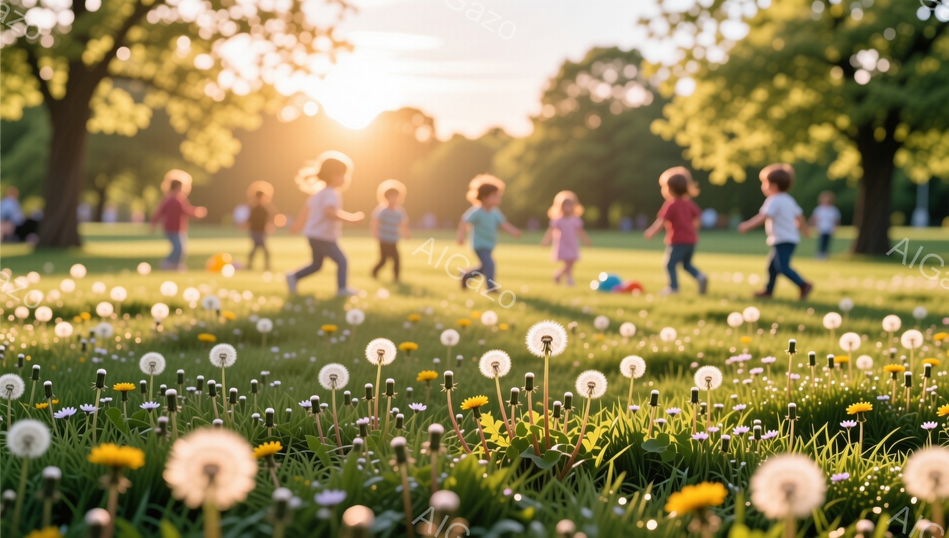 タンポポが咲き乱れる草原で、たくさんの子供たちが楽しそうに走り回っている。夕焼けの光が差し込み、温かく穏やかな雰囲気が漂う。背景には緑豊かな木々が見え、自然の中で遊ぶ子供たちの姿が印象的だ。