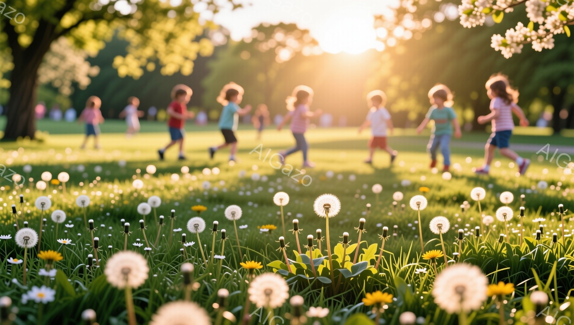 晴れた日の公園で、多くの子供たちが楽しそうに駆け回っている。タンポポが咲き乱れる草原を背景に、子供たちは明るい笑顔で走り、活気に満ちた様子が伝わってくる。夕暮れ時の柔らかな光が、全体を温かく包み込んで - AI生成フリー素材