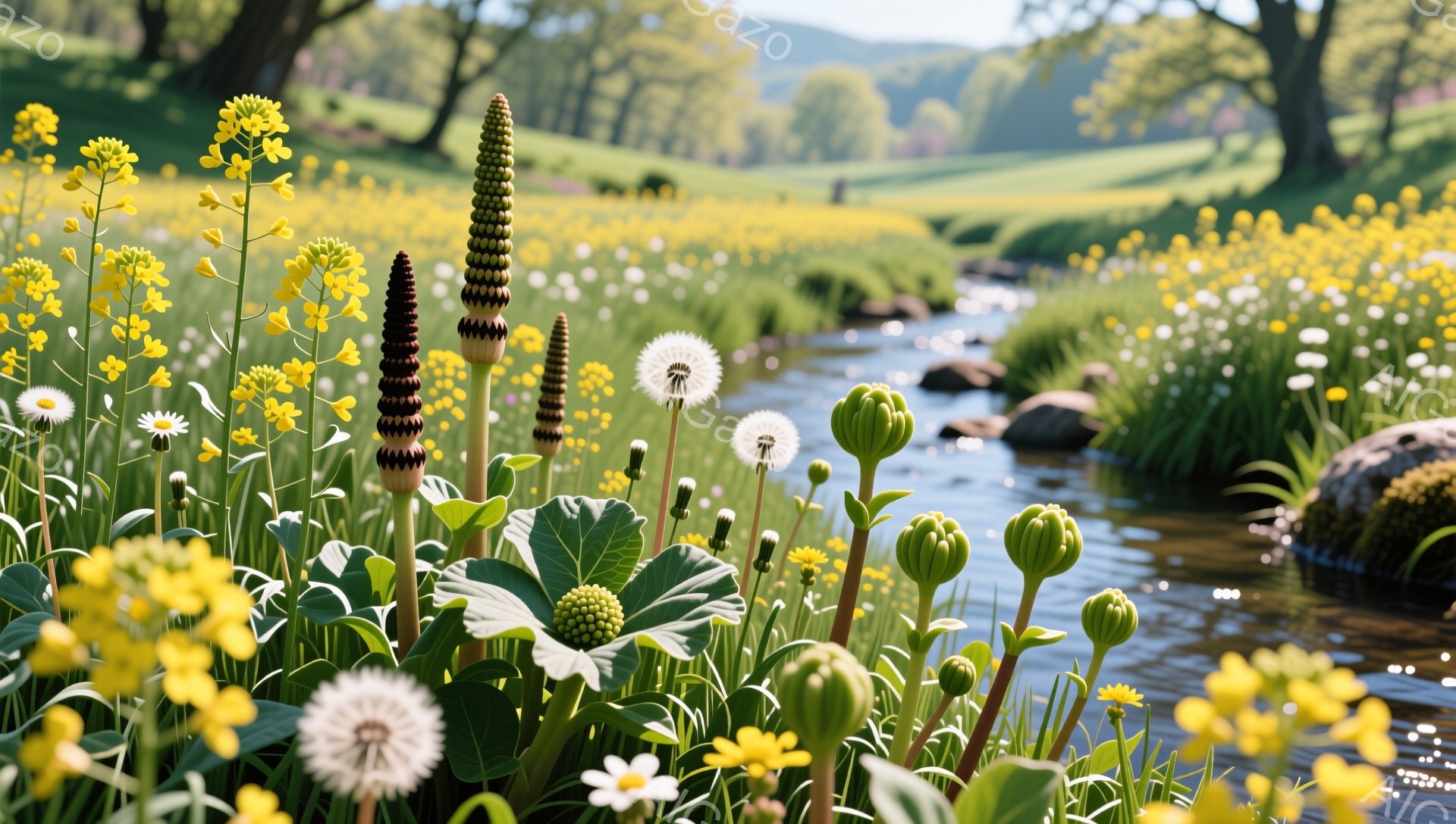 広々とした緑の草原の中に、黄色い花々が咲き乱れ、小川が流れている風景です。背の高い植物が花を咲かせ、手前には綿毛のタンポポが咲き誇り、穏やかで平和な雰囲気が漂っています。太陽の光が降り注ぎ、自然の美し - AI生成フリー素材