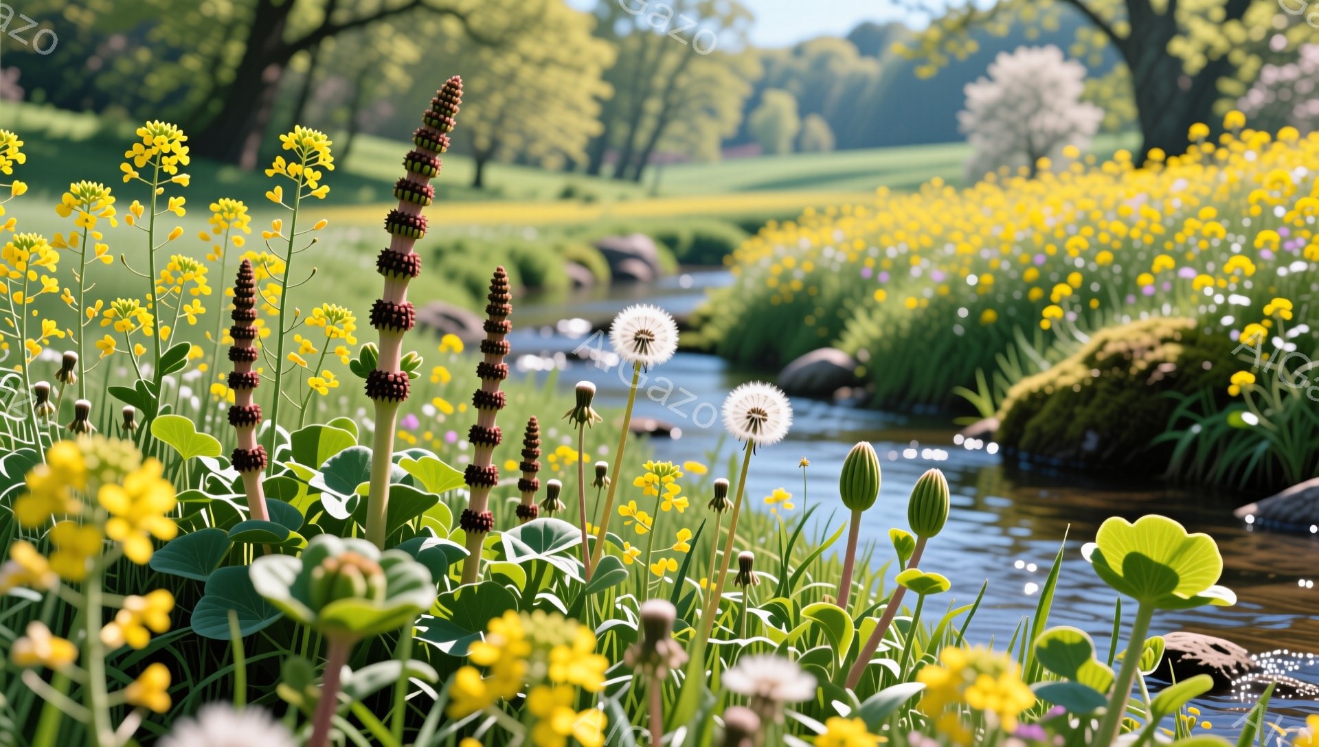 鮮やかな黄色の花々が咲き乱れ、小川が流れる春の風景です。手前の緑の植物と背景のぼやけた緑が、自然の豊かさを際立たせています。穏やかな光が差し込み、静かで平和な雰囲気が漂っています。