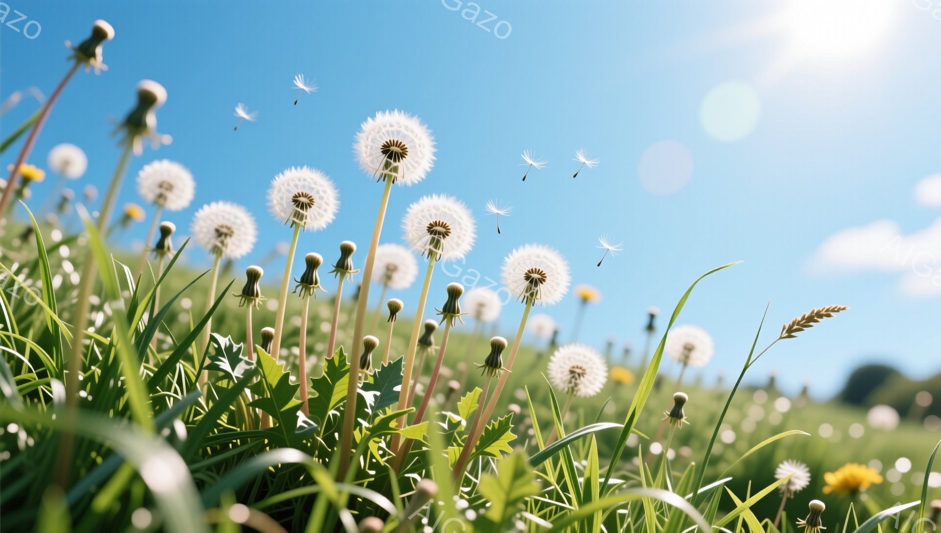 青々とした草原にタンポポが咲き乱れ、綿毛が風に舞っている。太陽の光が降り注ぎ、明るく暖かい雰囲気を感じさせる。背景には緑豊かな丘が広がり、自然の美しさを際立たせている。