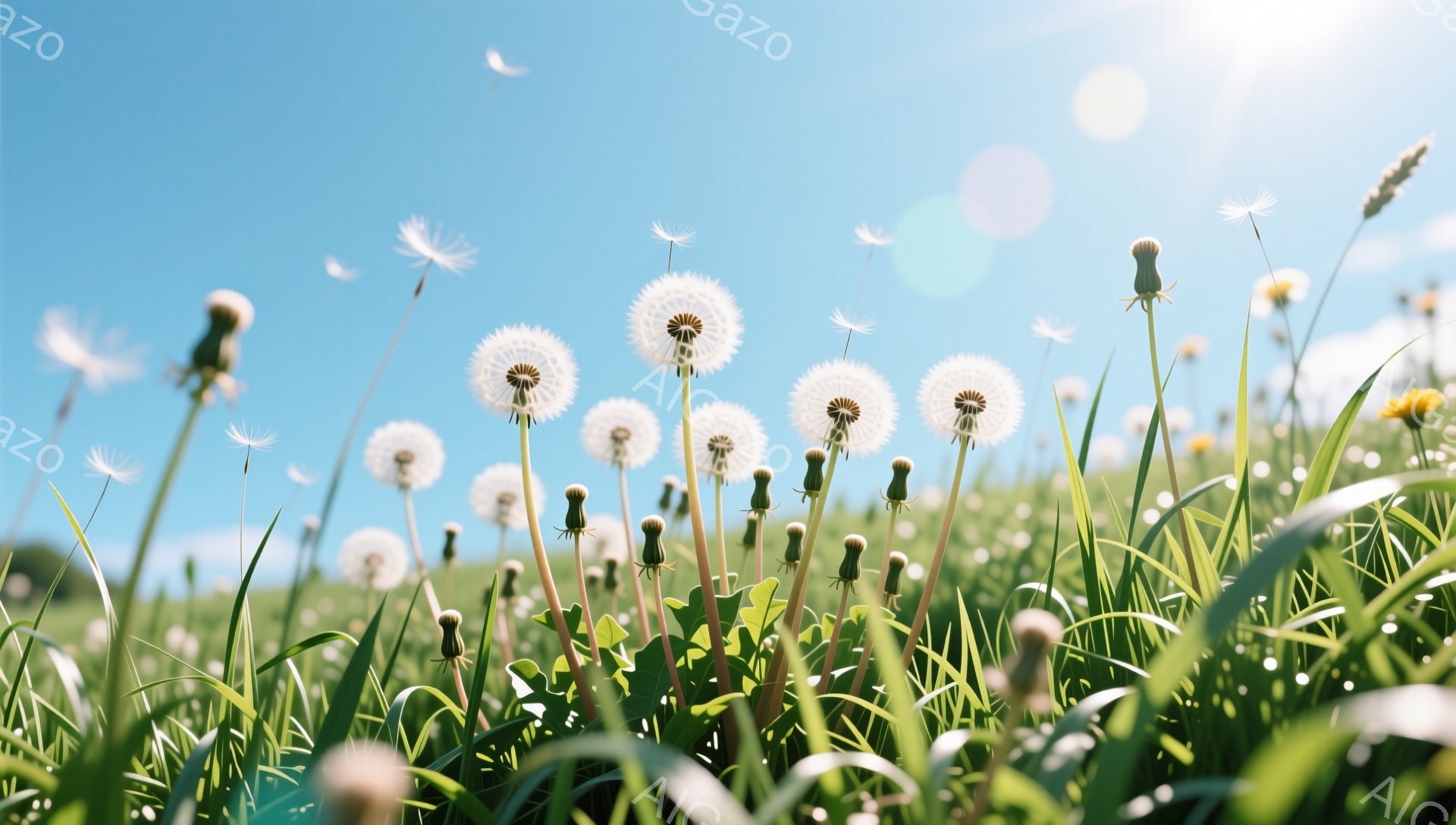 青々とした草むらの中にタンポポが咲き乱れ、綿毛が風に舞っている。太陽の光が差し込み、背景の空は鮮やかな青色で、穏やかで暖かい雰囲気が漂っている。手入れされた芝生とタンポポのコントラストが美しい、のどかな風景だ。