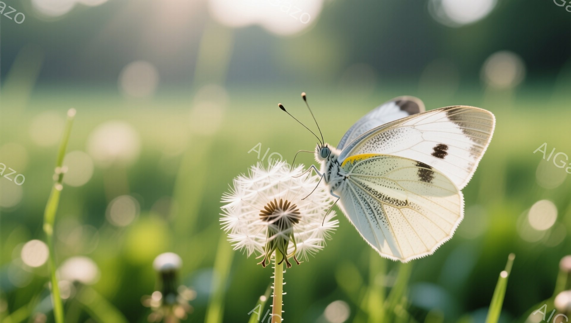 dandelionの綿毛にとまっている白い蝶が印象的な画像です。背景は緑豊かな草地で、光が差し込み、柔らかい雰囲気を醸し出しています。蝶の繊細な模様と綿毛の儚さが美しく、自然の静けさを感じさせます。