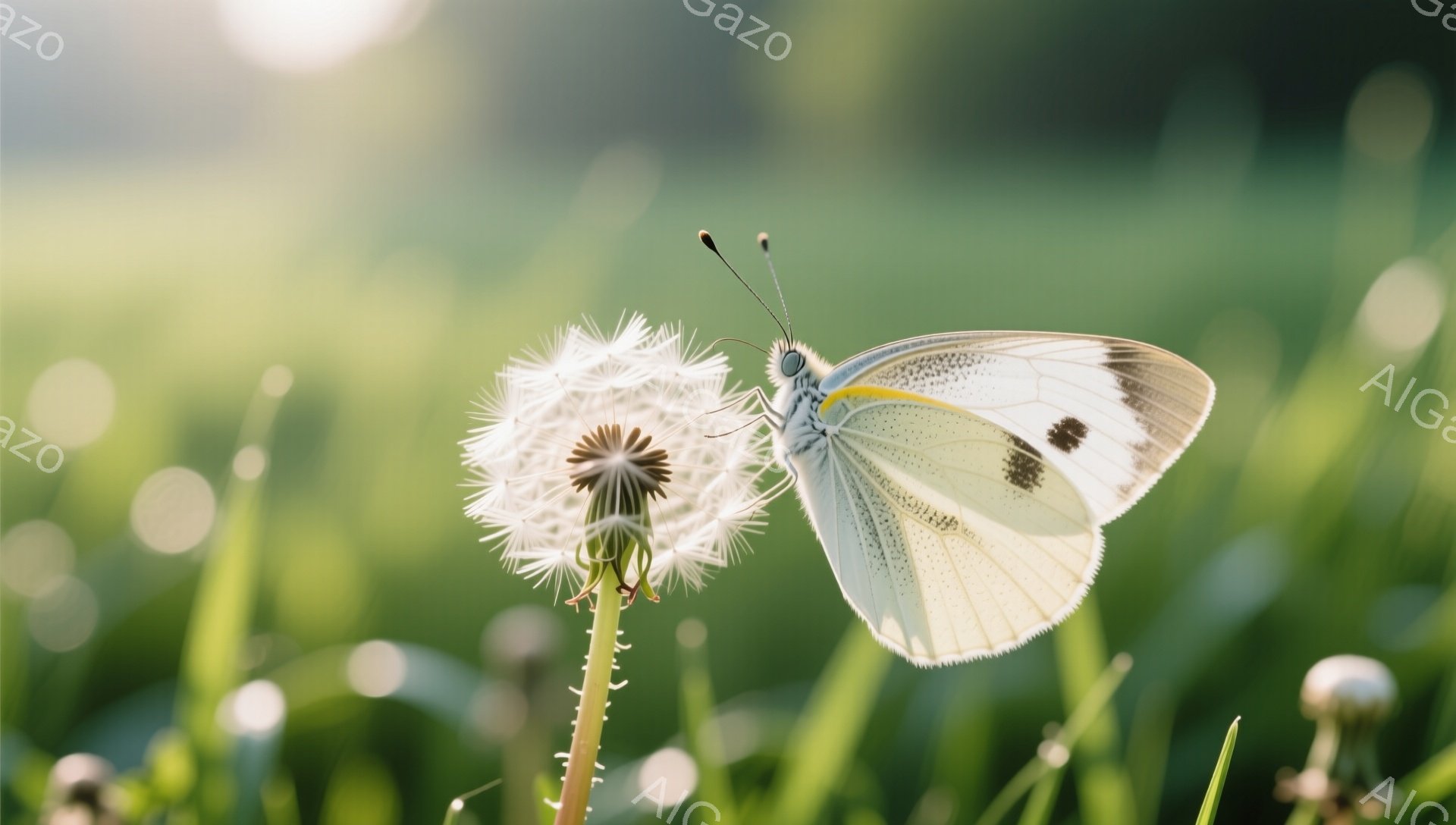 柔らかい日差しが差し込む草むらで、タンポポの綿毛にとまっている白い蝶が描かれています。蝶は翼を広げ、まるで綿毛と一体になっているかのように静かに佇んでいます。背景には緑の草が広がり、穏やかで平和な雰囲気を醸し出しています。