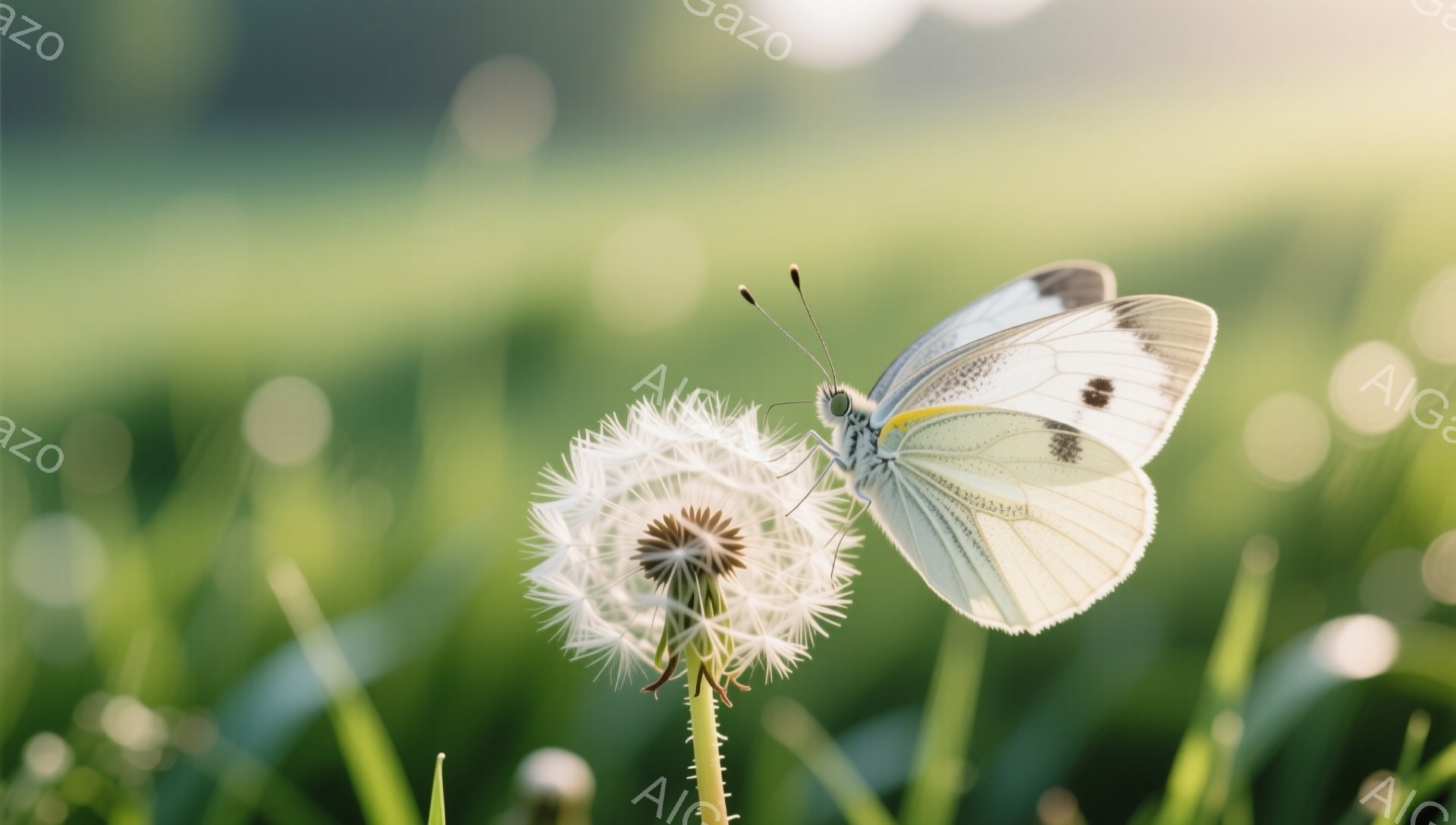 タンポポの綿毛に白い蝶がとまっている。背景は緑の草むらで、柔らかい光が差し込み、穏やかな雰囲気を醸し出している。蝶の繊細な模様と綿毛の儚さが美しい対比となっている。