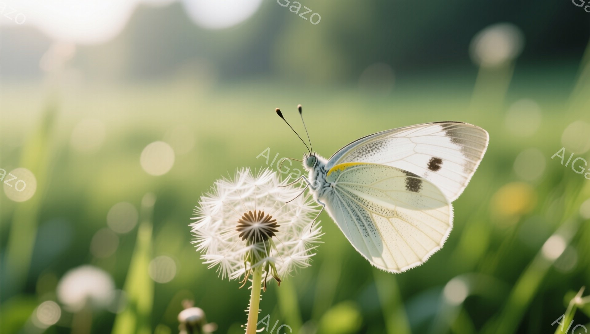 鮮やかな緑の草原に、タンポポの綿毛にとまった白い蝶が描かれている。太陽の光が柔らかく差し込み、綿毛と蝶の繊細な羽が光を受けて輝いている。背景はぼかされており、自然の静けさと生命力を感じさせる穏やかな雰囲気である。