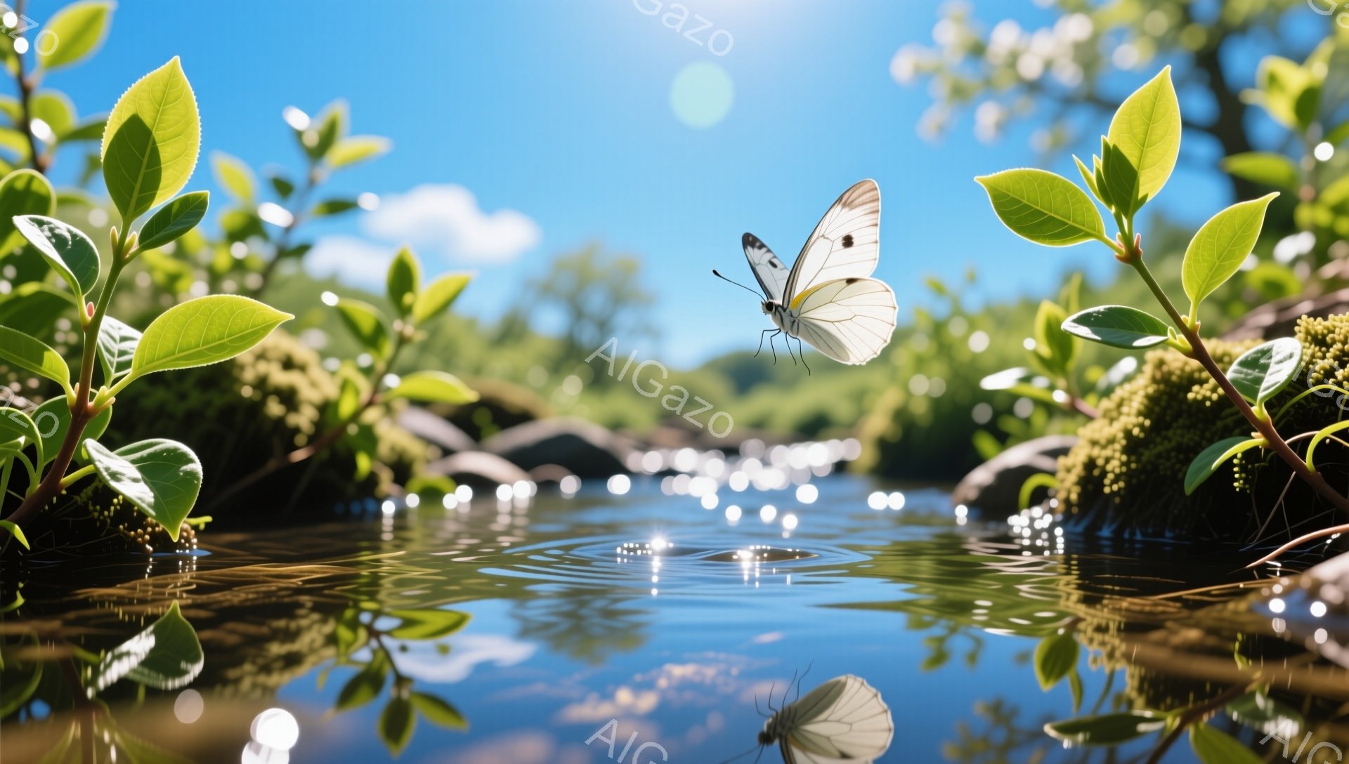 白い蝶が水面近くを舞い、穏やかな水面に反射が映っています。周囲は緑豊かな植物に囲まれ、日光が差し込んでキラキラと輝く水面が美しい光景を作り出しています。静かで平和な自然の瞬間が捉えられています。 - AI生成フリー素材