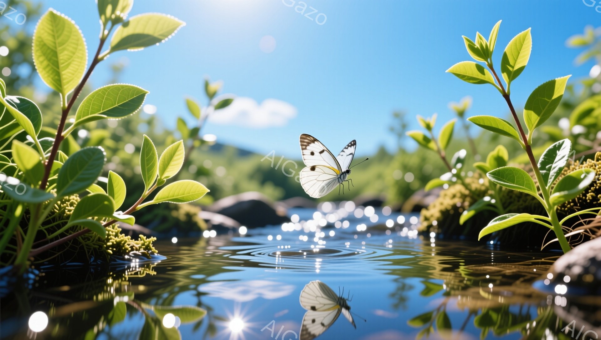 鮮やかな緑の葉に囲まれた水面で、白く美しい蝶が舞っている。太陽の光が水面に反射し、キラキラと輝き、幻想的な雰囲気を醸し出している。静かで穏やかな自然の情景が捉えられている。 - AI生成フリー素材