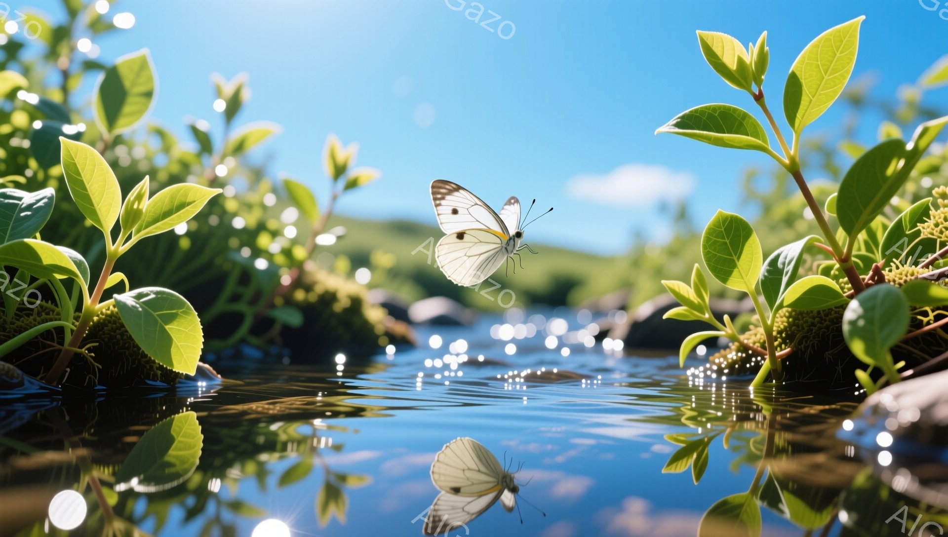 青々とした緑と、水面に映る蝶が印象的な風景です。太陽光が水面で反射し、キラキラと輝き、穏やかな夏の日の雰囲気が伝わってきます。自然の美しさを捉えた、安らぎのある一枚です。 - AI生成フリー素材