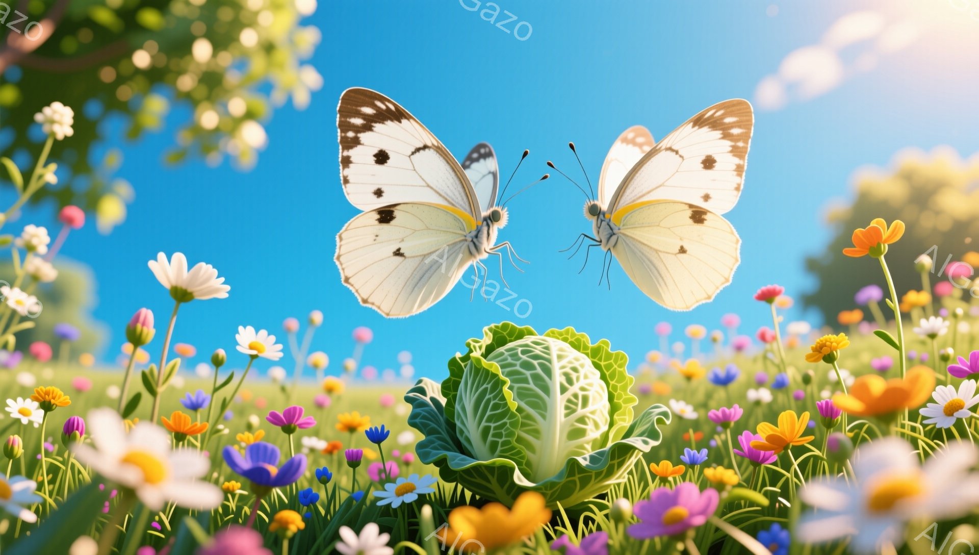 色とりどりの花が咲き乱れる草原に、白い蝶が二匹舞っている。その下にはキャベツが置かれており、鮮やかな色彩が目に飛び込んでくる。暖かい日差しが降り注ぎ、平和で穏やかな雰囲気が感じられる。 - AI生成フリー素材