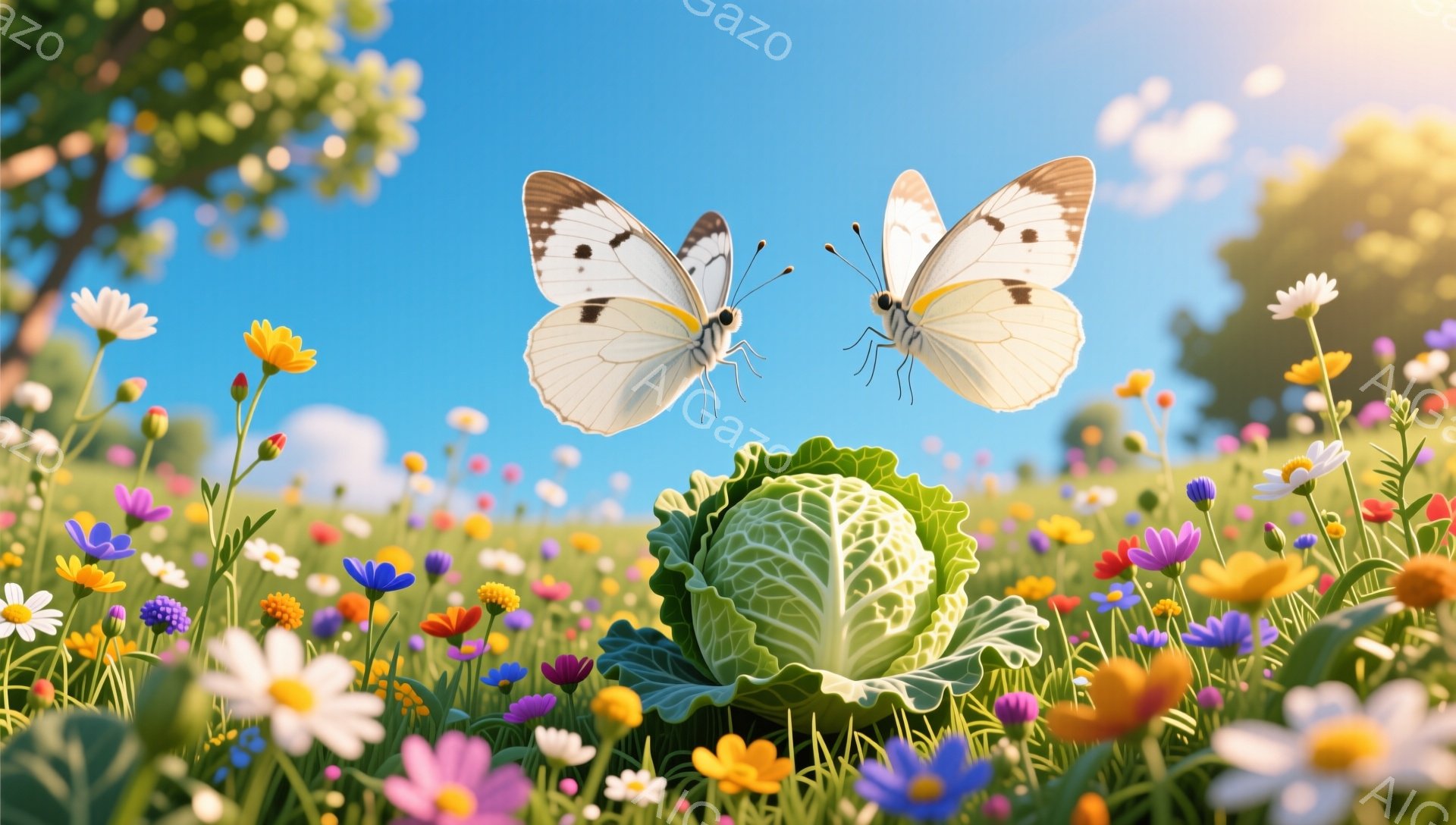 色とりどりの花が咲き乱れる草原に、白い蝶が２匹舞っている。中央にはキャベツが置かれており、鮮やかな緑色が花の色彩とコントラストをなしている。背景は青空で、穏やかで平和な雰囲気が漂う。 - AI生成フリー素材