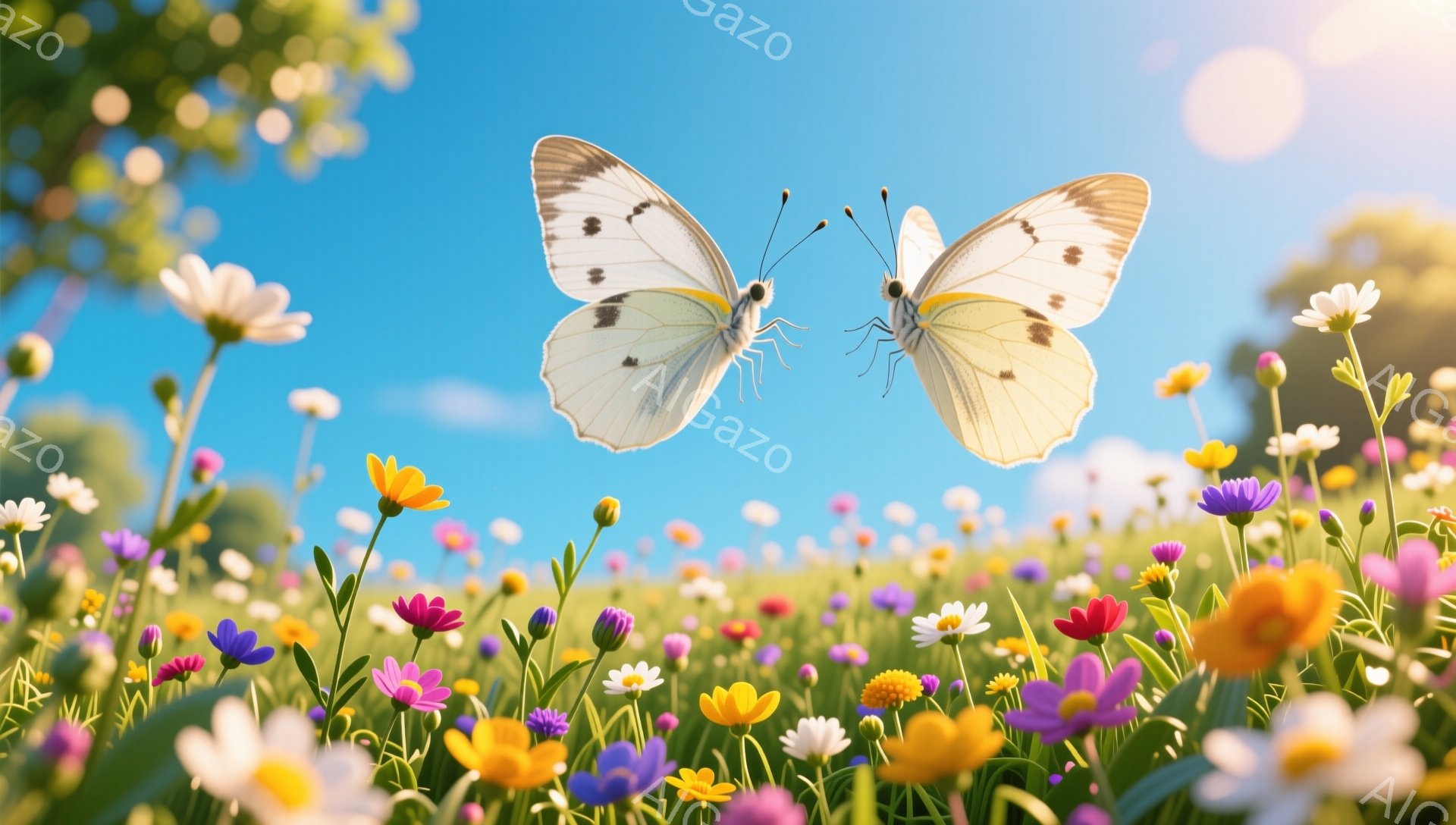 鮮やかな野原を、白い蝶が羽ばたいている。色とりどりの花が咲き乱れ、晴れた空とのコントラストが美しい。自然の穏やかさと生命力を感じる、暖かい雰囲気の画像だ。 - AI生成フリー素材