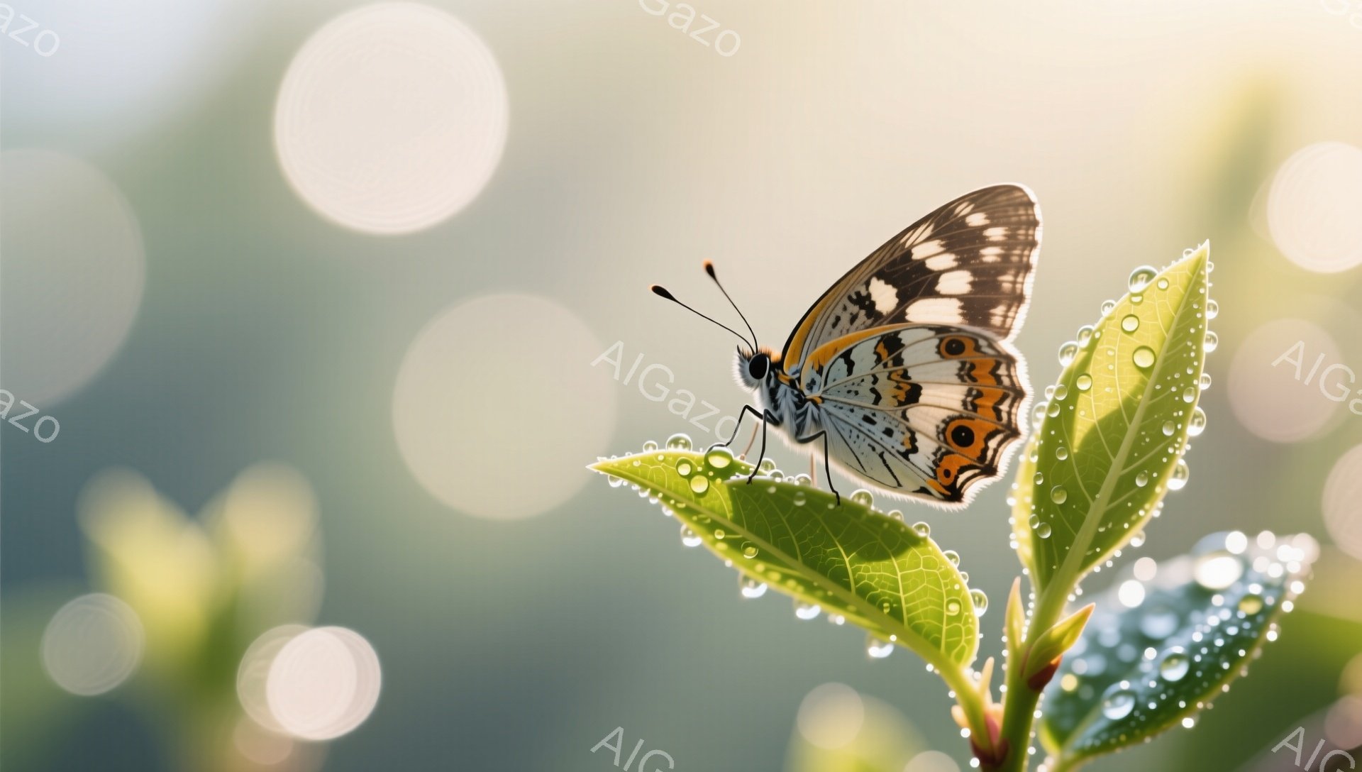 鮮やかな蝶が緑の葉の上に静止しています。葉には朝露が付き、背景は柔らかい光でぼかされています。自然の美しさを捉えた、穏やかで平和な雰囲気の写真です。 - AI生成フリー素材