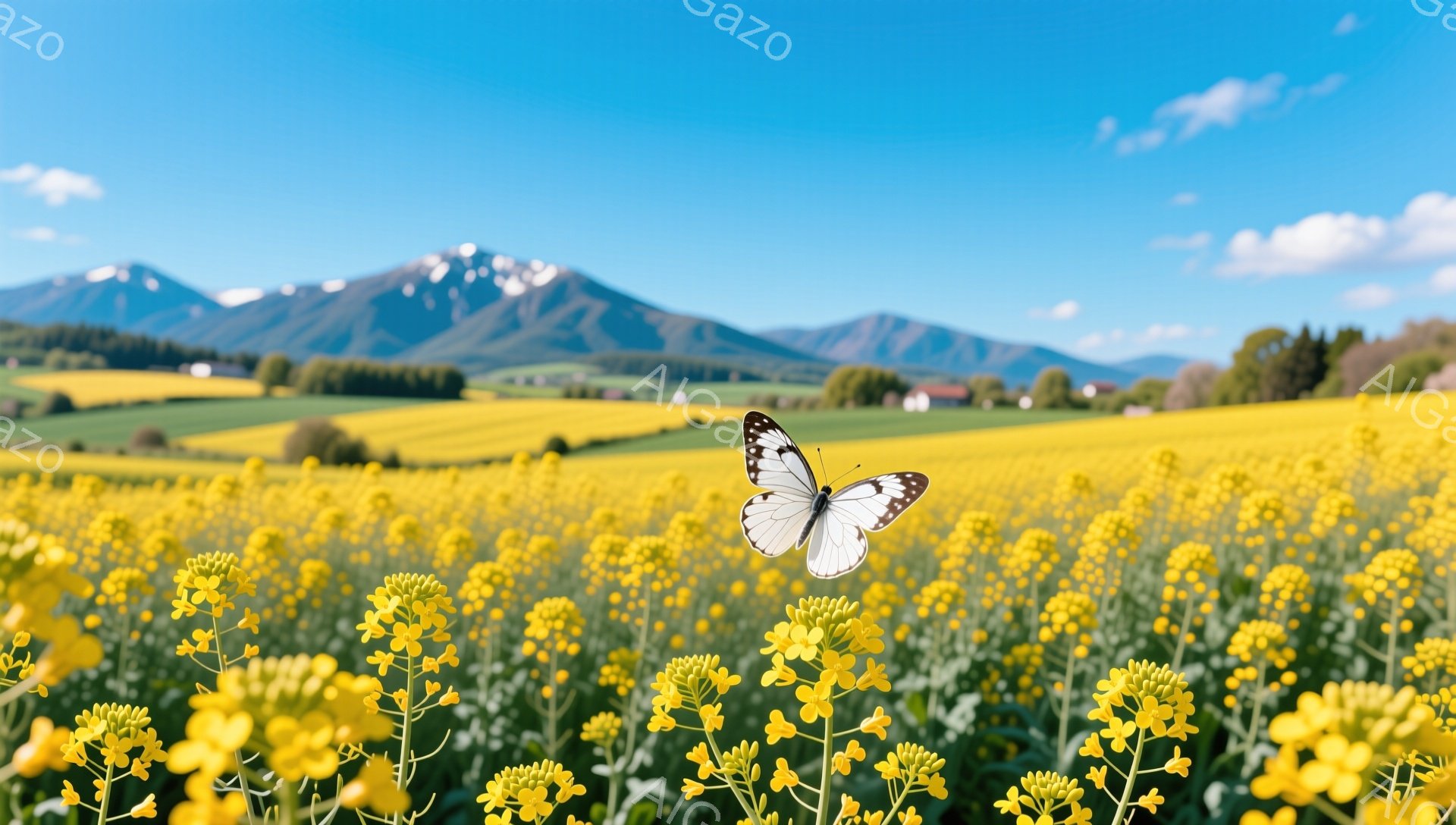 広大な菜の花畑が広がり、その上に白い蝶が舞っている。遠くには緑の丘と山々が連なり、青い空と白い雲が美しいコントラストを生み出している。穏やかな日差しと鮮やかな色彩が、のどかな田園風景を彩っている。 - AI生成フリー素材