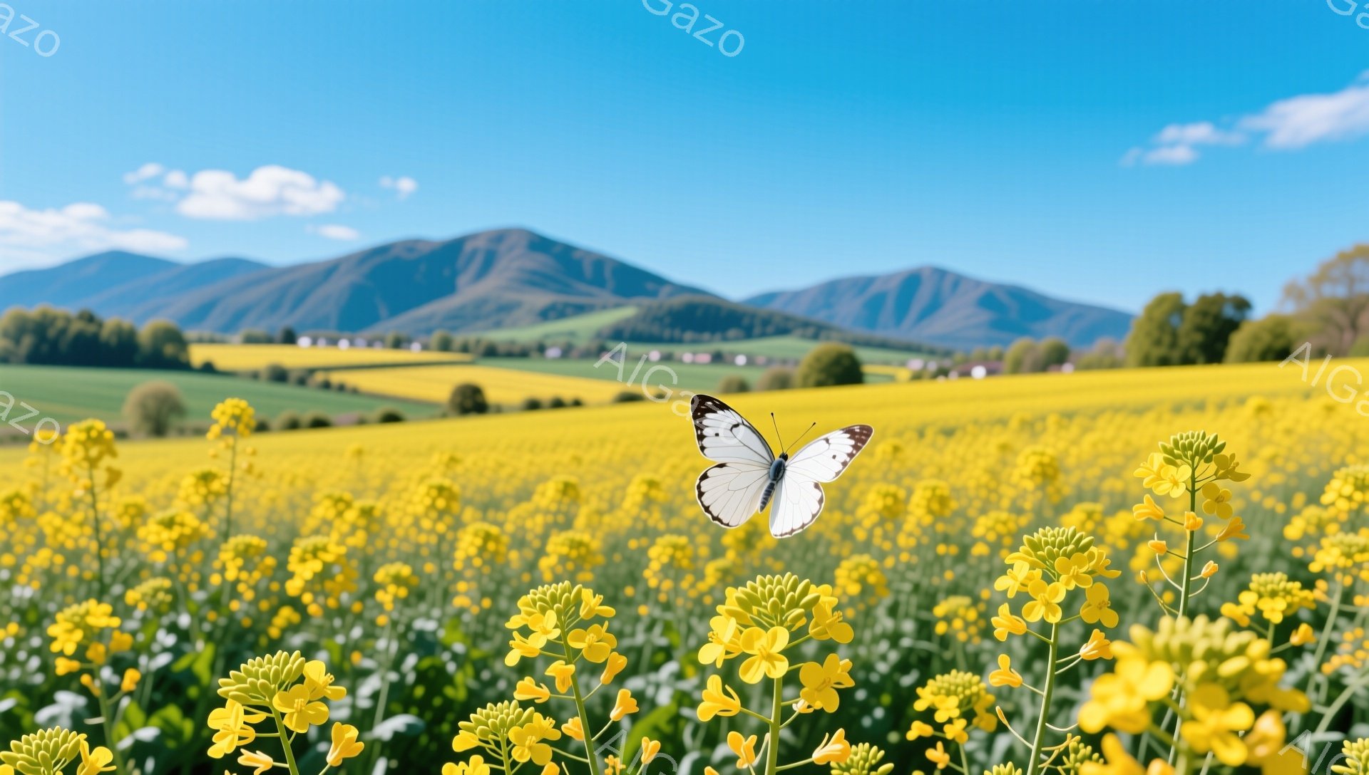 広大な菜の花畑が広がり、その中に白い蝶が舞っている。遠景には緑の丘と山々が連なり、青空と合わせて美しい風景を作り出している。暖かい日差しと鮮やかな黄色が、春の訪れを感じさせる穏やかな雰囲気だ。 - AI生成フリー素材