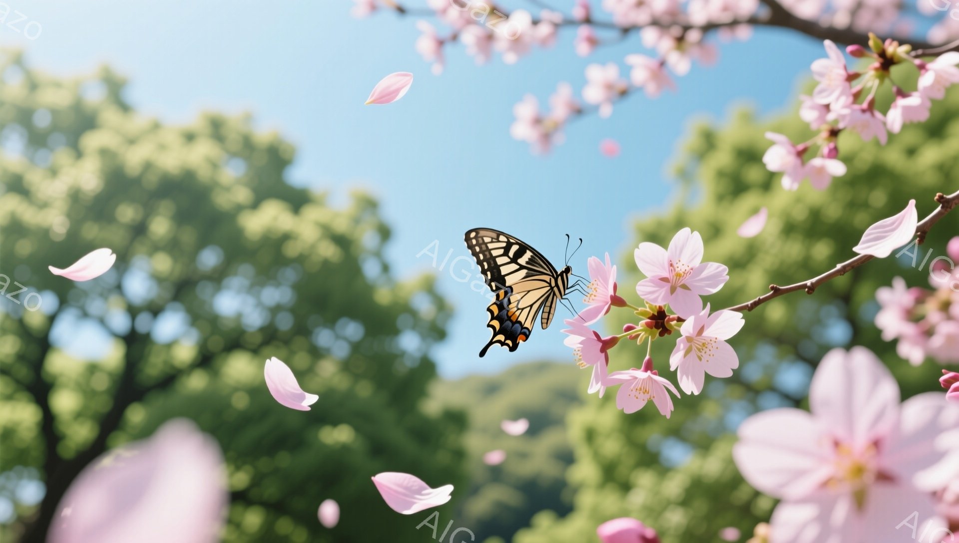桜の木に鮮やかな黄色の蝶がとまり、花びらが舞い散る美しい風景です。空は青く、背景の緑とのコントラストが春らしさを強調しています。柔らかい光が全体を包み込み、穏やかで平和な雰囲気を醸し出しています。 - AI生成フリー素材