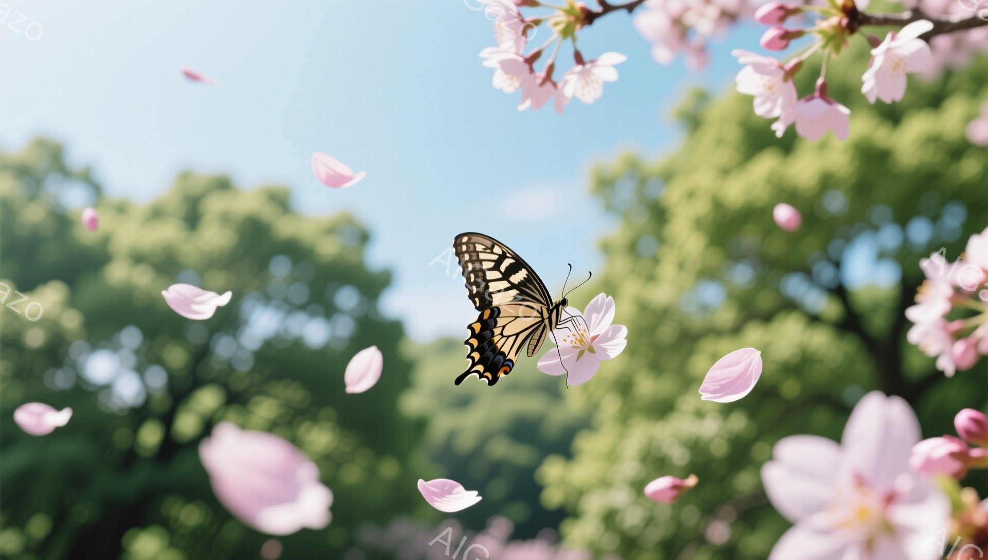 桜の花びらが舞い散る中、鮮やかな模様の蝶が花の上を優雅に舞っている。背景には緑豊かな木々が広がり、春の穏やかで暖かい雰囲気を醸し出している。光が柔らかく差し込み、幻想的な光景を作り出している。 - AI生成フリー素材