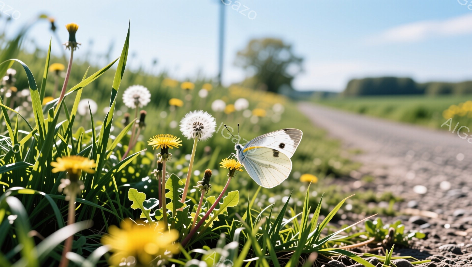 鮮やかな緑の草の上にタンポポが咲き乱れ、白い蝶がひらひらと舞っている。土道が遠くへ続き、背景には緑豊かな田園風景が広がっている。春の穏やかな陽気に満ちた、のどかな風景だ。 - AI生成フリー素材