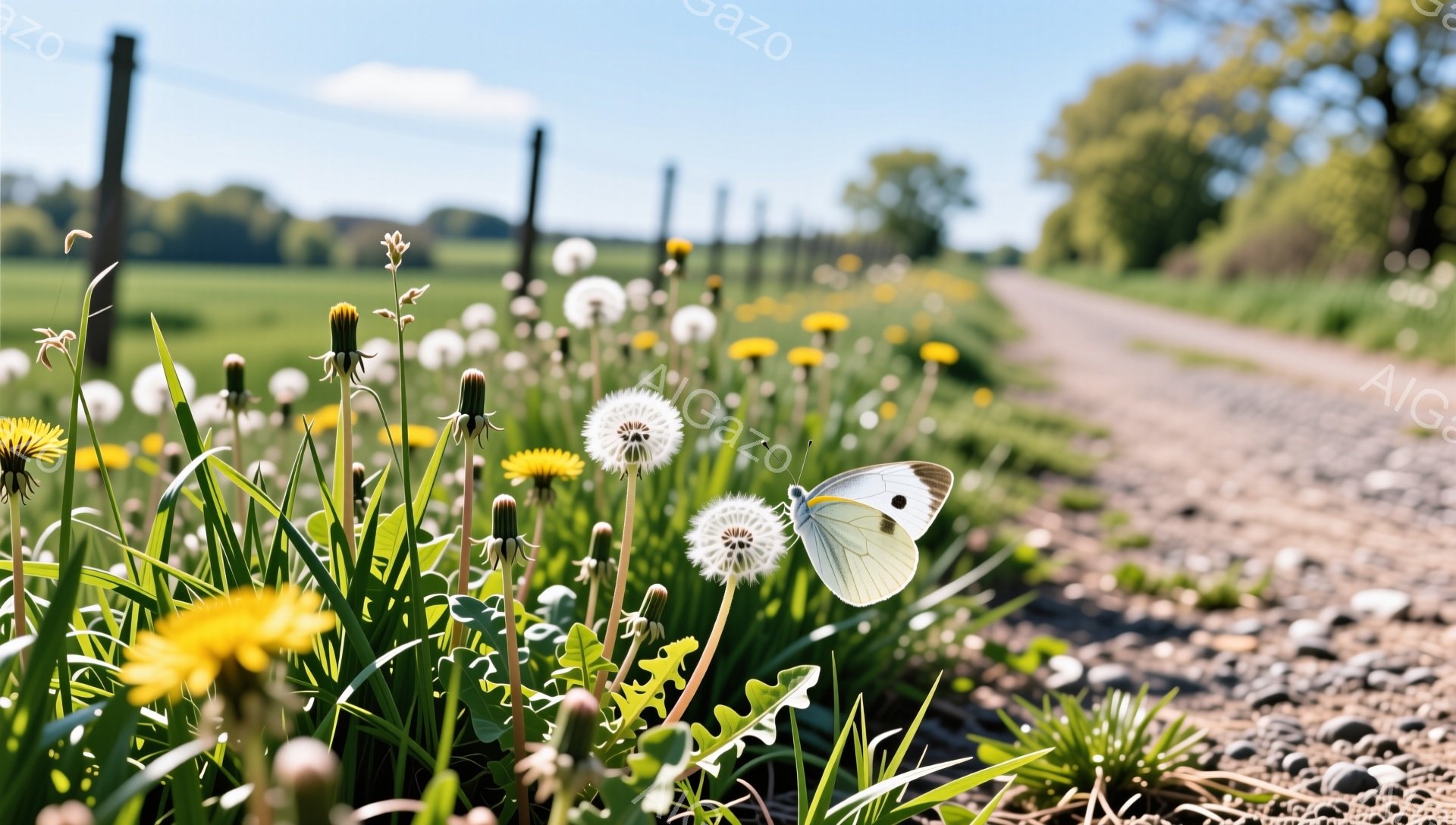 鮮やかな緑の草むらの中にタンポポが咲き乱れ、白い蝶が舞っている。土道が遠くへ続き、その奥には緑の牧草地が広がり、穏やかな春の日の光景が広がっている。蝶の繊細な羽と、タンポポの綿毛が、春の儚い美しさを際立たせている。