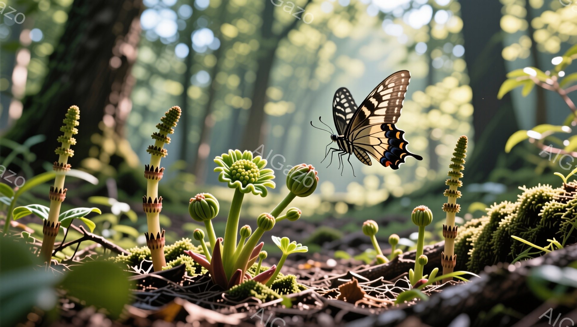 湿り気のある森の中で、様々な緑色の植物が生い茂っている。鮮やかなオレンジと黒の模様を持つアゲハチョウが、緑色の芽の上に舞っている。太陽の光が葉の間から差し込み、神秘的な雰囲気を醸し出している。 - AI生成フリー素材