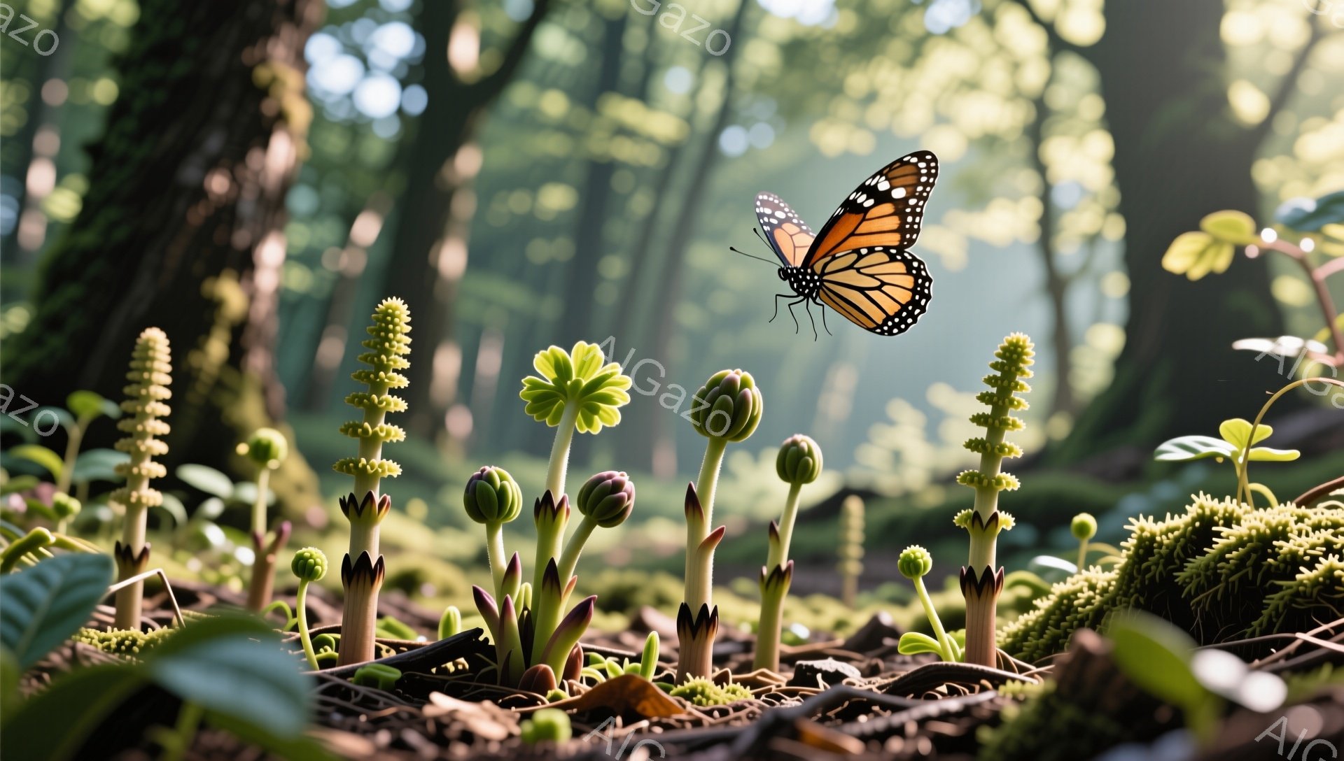 新緑の森の中で、様々な芽が出始めています。オレンジと黒の模様が美しいアゲハチョウが、緑の植物の上を舞っています。光が差し込み、生命力溢れる様子が表現されています。