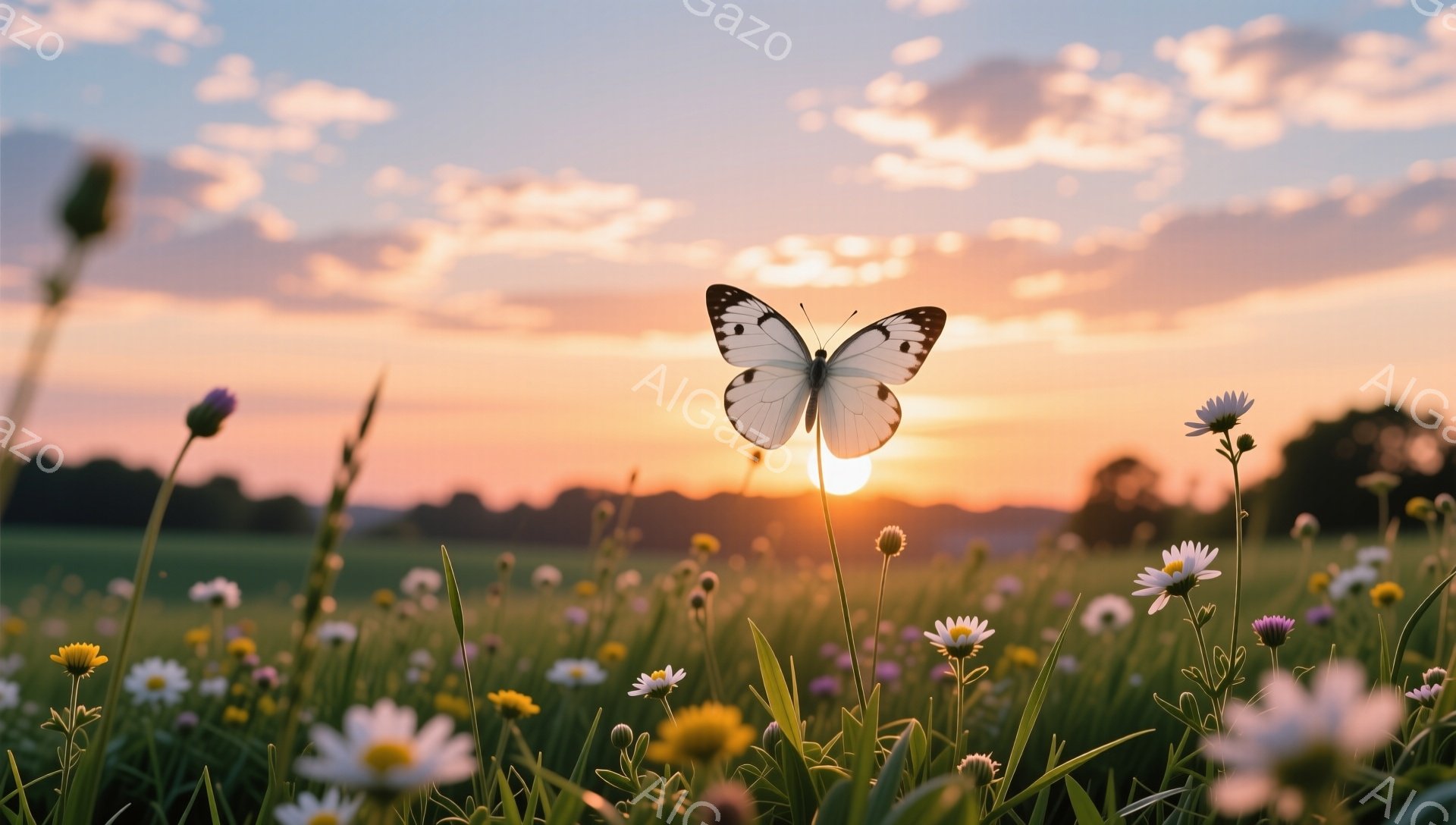 鮮やかな野花が咲き乱れる草原で、白い蝶が羽を休めています。夕焼け空がオレンジとピンクのグラデーションで美しく、蝶の白さが際立っています。穏やかで平和な雰囲気の、夏の夕方の風景です。 - AI生成フリー素材