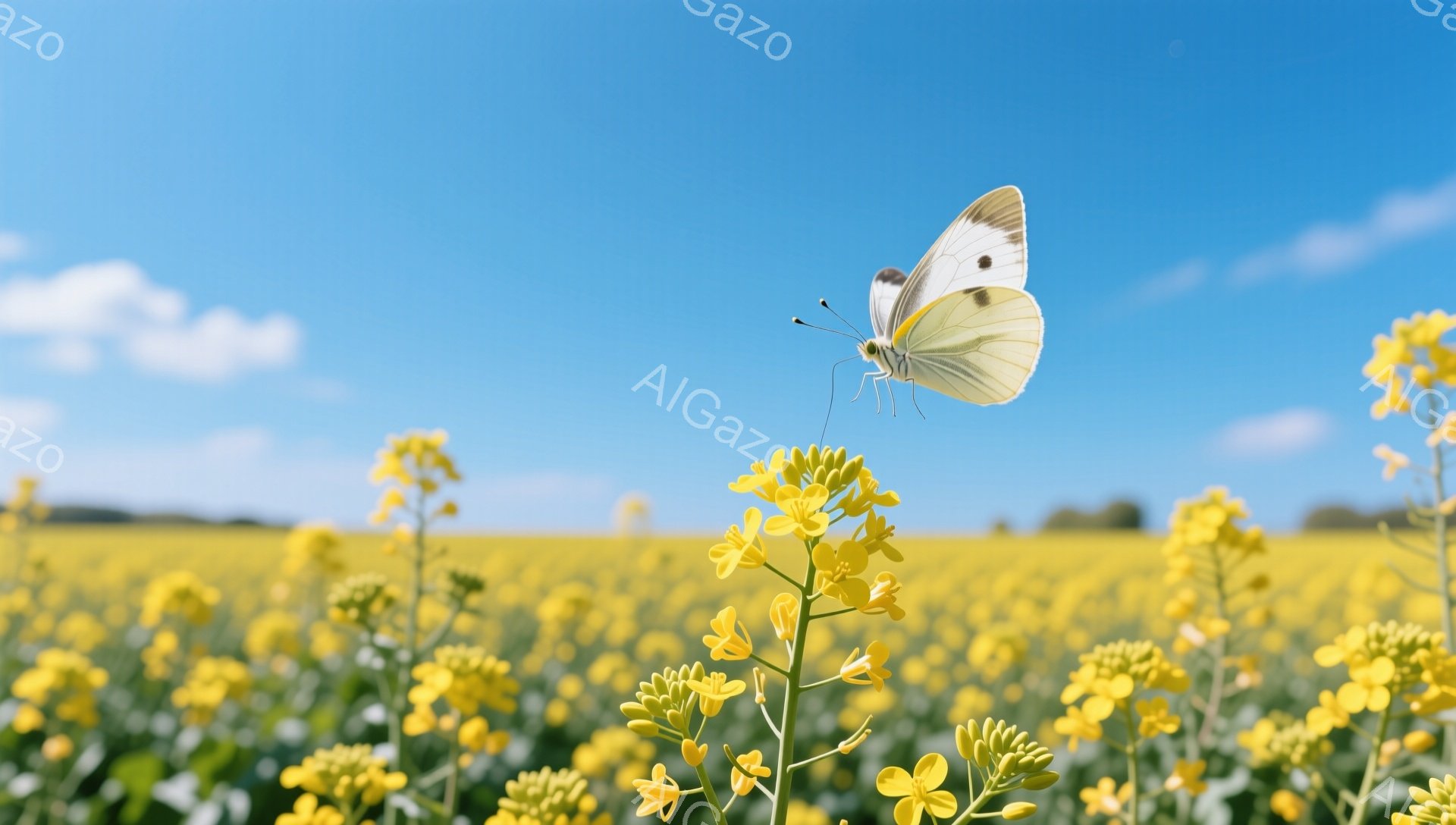 青々とした菜の花畑の中に白い蝶が舞っている。空は澄み渡り、雲がわずかに見え、穏やかな春の日の光景が広がっている。蝶は菜の花にとまっており、鮮やかな黄色と白い羽根のコントラストが美しい。